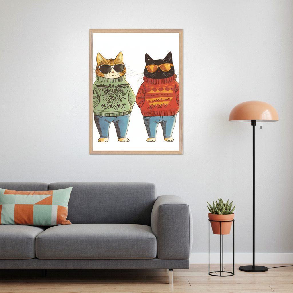 Modern living room with a gray sofa. A large framed print of an orange tabby and a black cat wearing sweaters, jeans, and sunglasses hangs above the sofa. A floor lamp and potted plant are on the right.