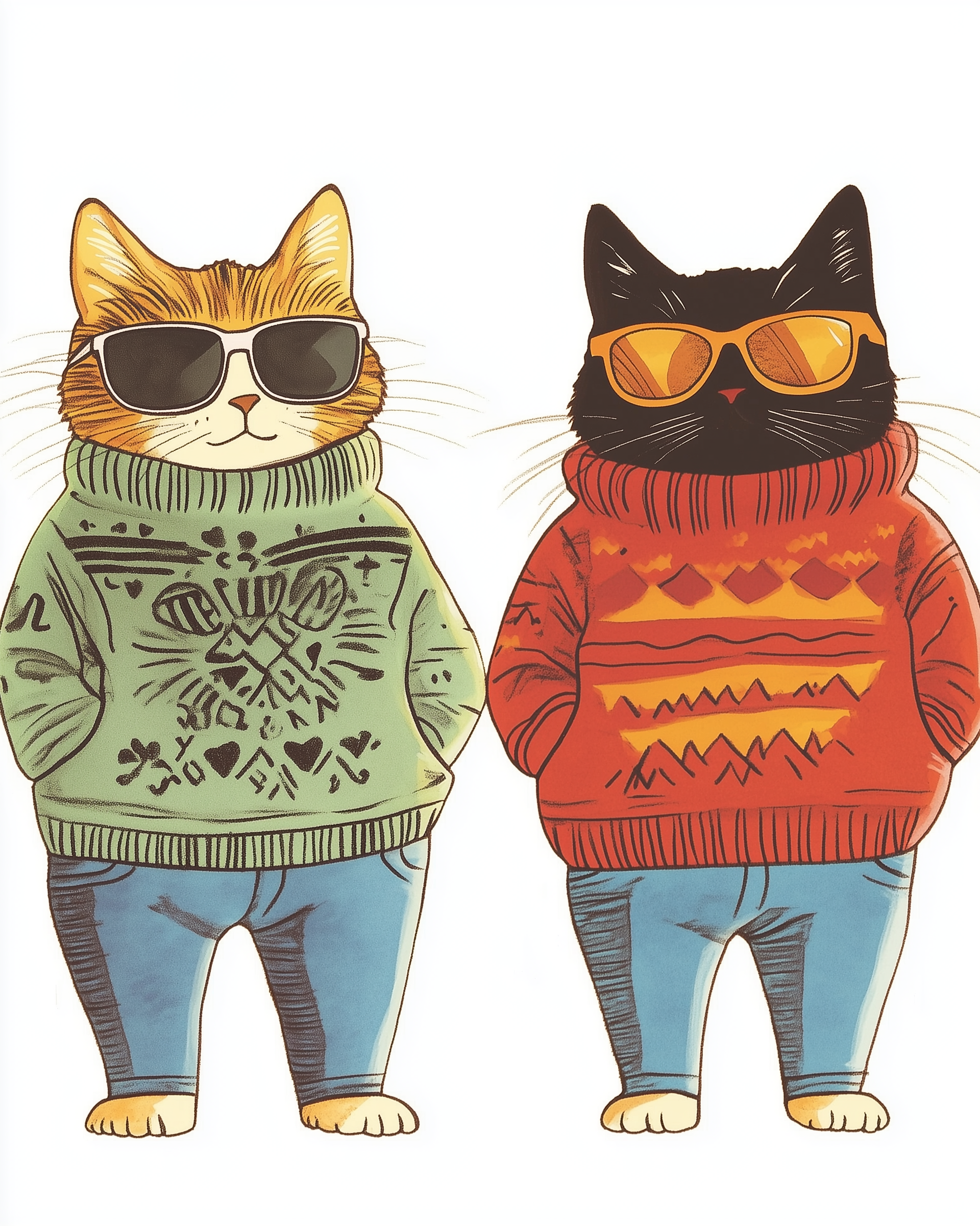 Two cartoon cats are standing side by side, wearing stylish sunglasses and cozy sweaters. The cat on the left, with orange and white fur, sports a green sweater with intricate patterns, while the black cat on the right wears a red sweater with geometric designs. Both are dressed in blue jeans, adding to their cool and fashionable appearance.