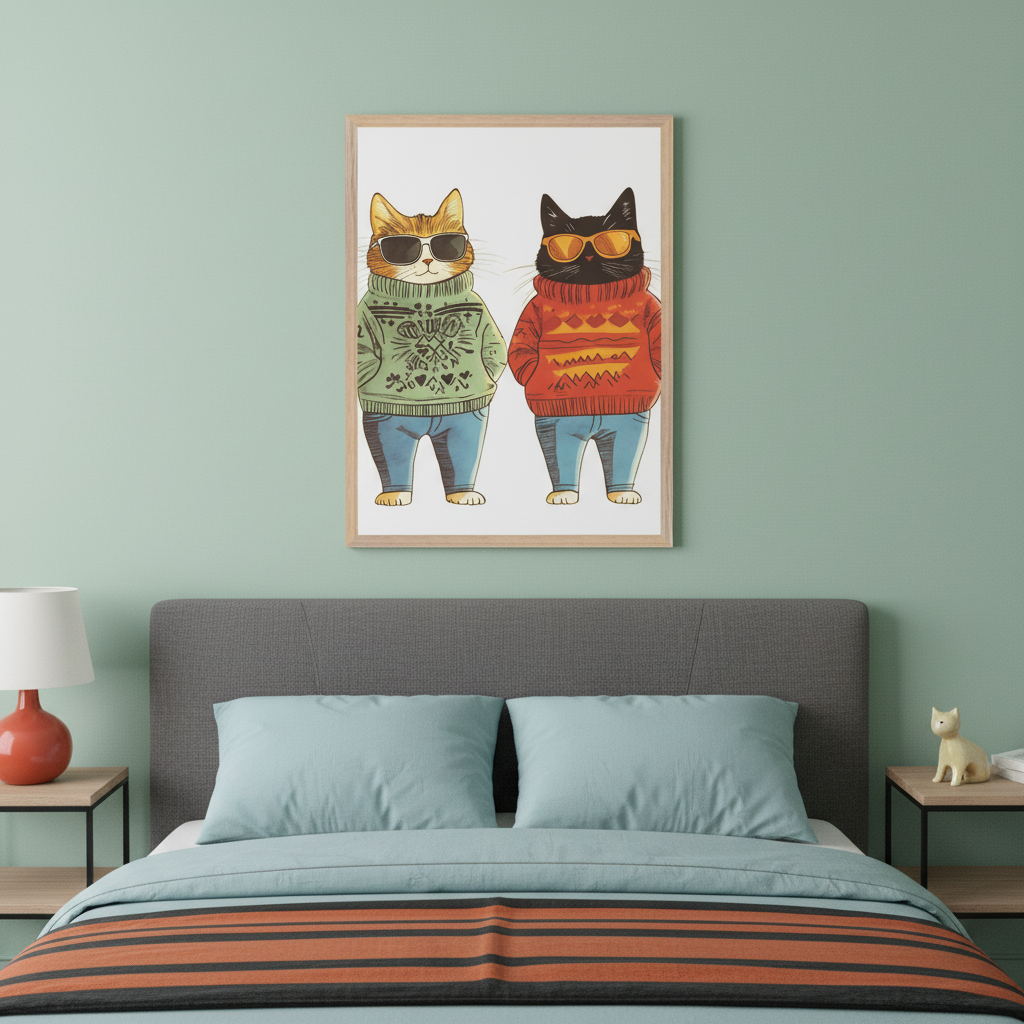 Modern bedroom featuring a bed with a grey headboard and light blue bedding with orange stripes. A vertical framed print of two cartoon cats in sweaters and sunglasses hangs centered above the bed.
