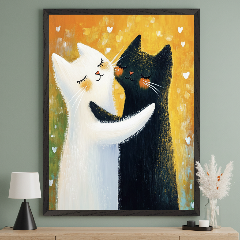 Modern living room with a light wood credenza. A large framed painting depicts a white cat nuzzling a black cat, both with closed eyes, against a yellow background with white hearts. The art hangs centered above the credenza, which holds a lamp and vase of pampas grass.
