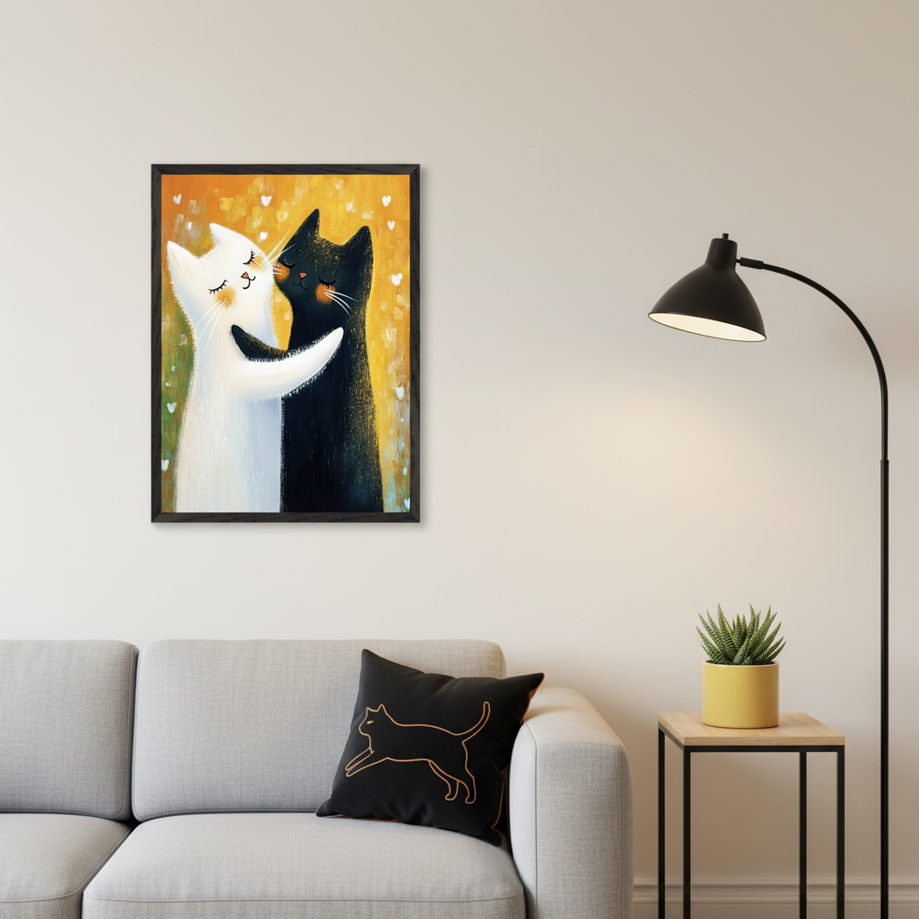 Modern living room with a light gray sofa. A framed painting of a white cat hugging a black cat in a stylized, illustrative art style with small hearts in the background hangs above the sofa.