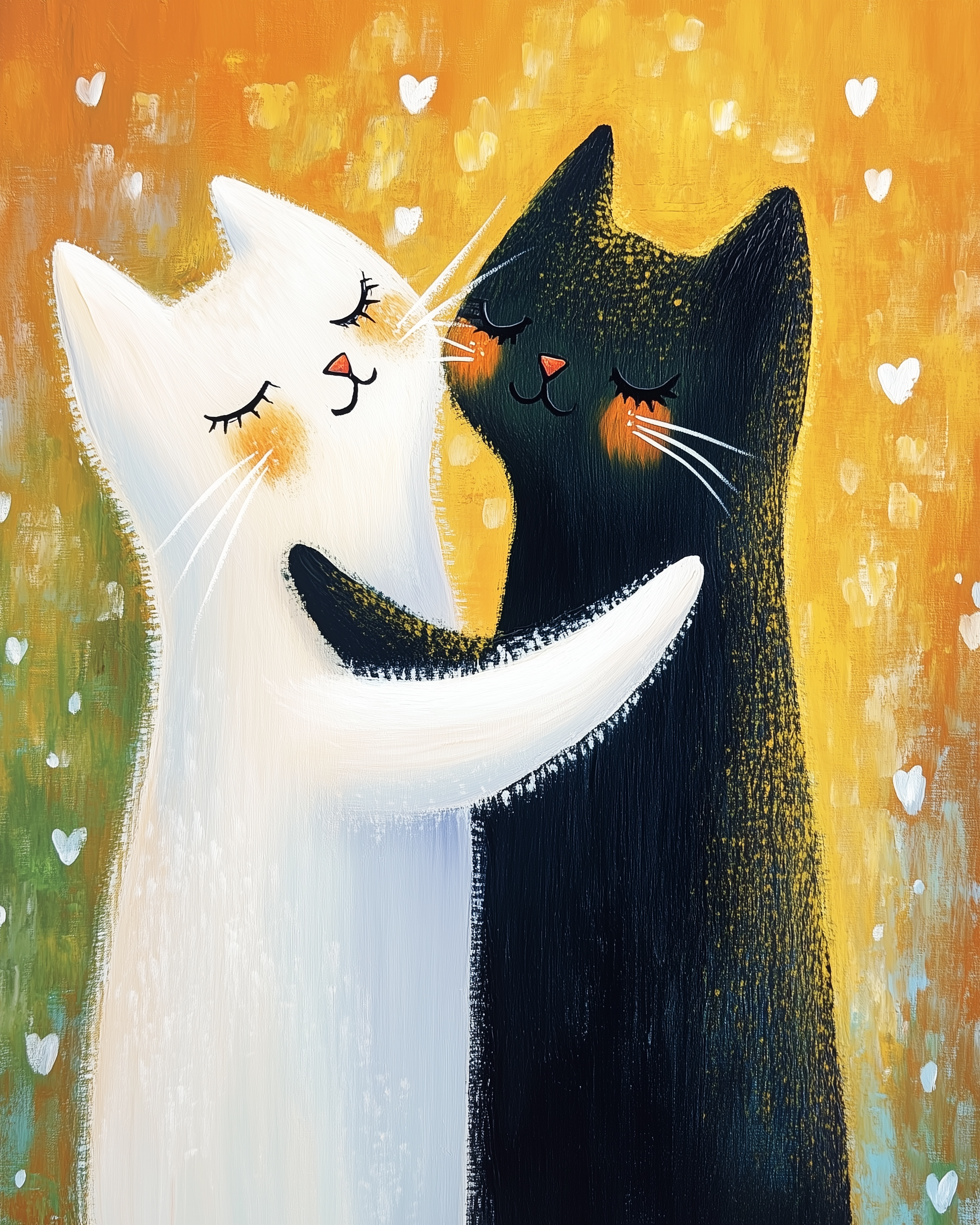 A charming illustration of a white cat and a black cat embracing lovingly, with their eyes closed and cheeks blushing. The background features a warm gradient of orange and yellow with small white hearts scattered throughout, enhancing the affectionate atmosphere.