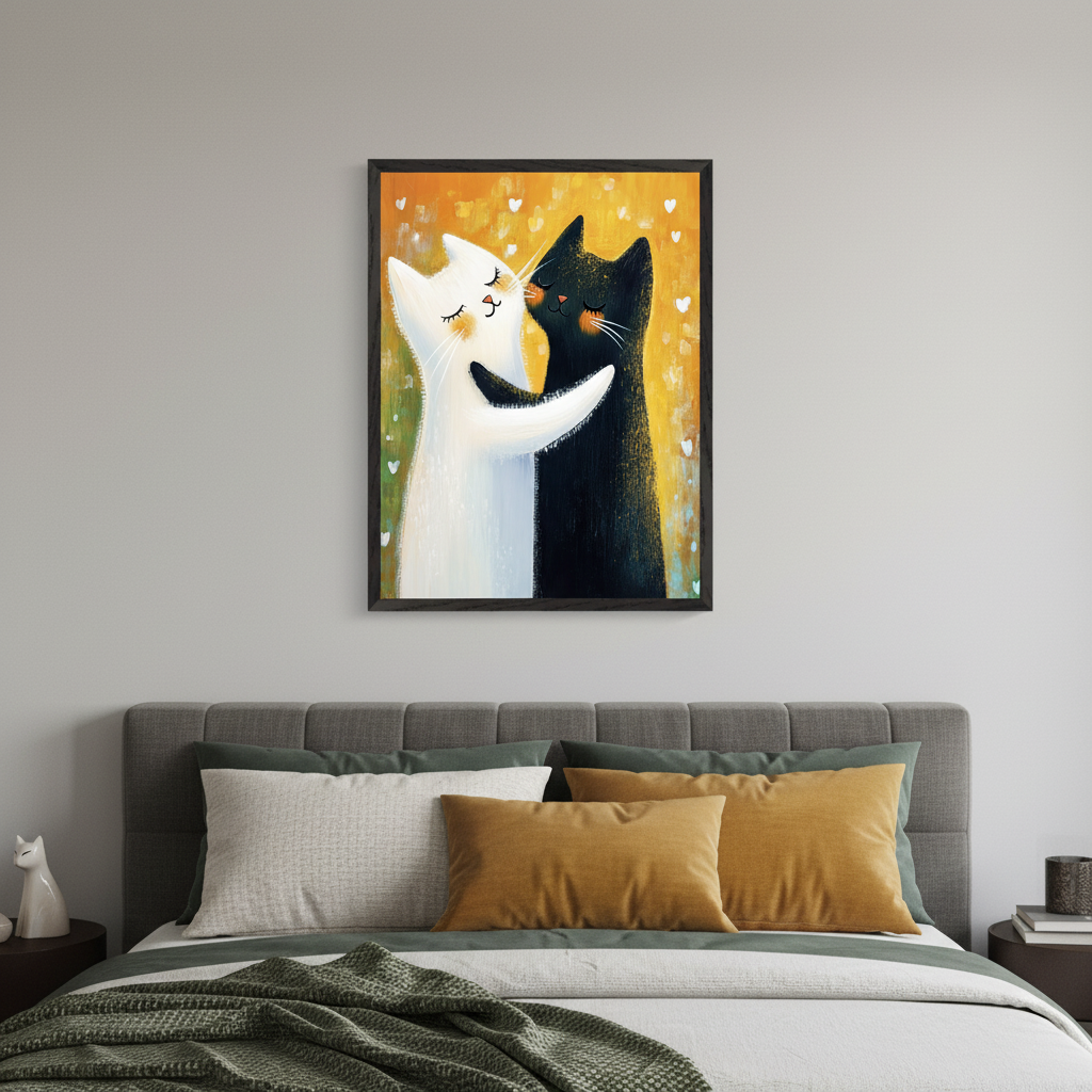 Modern bedroom with a gray upholstered bed and green and gold bedding. A framed painting of a white cat and a black cat hugging, surrounded by hearts, in a painterly style, hangs centered above the bed.