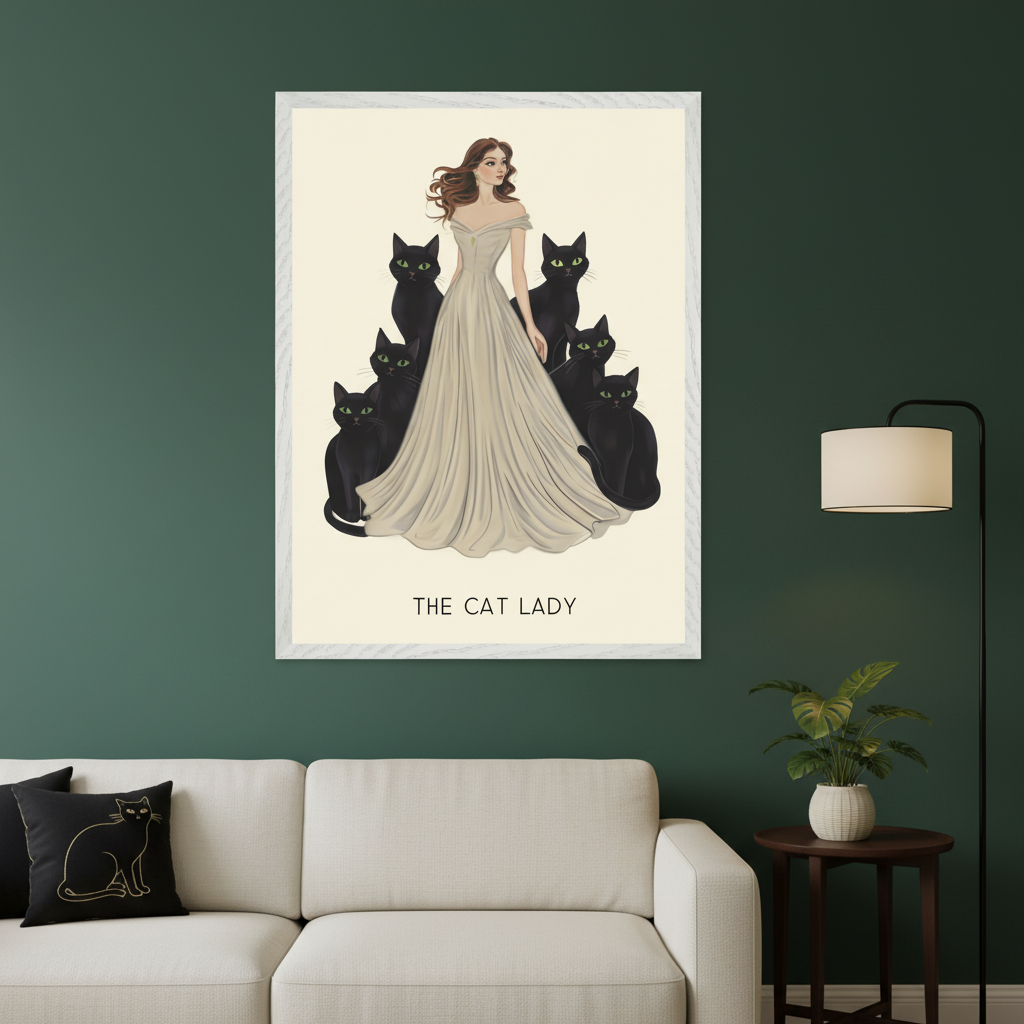Modern living room with a white sofa. A white-framed art print hangs centered above the sofa, depicting an illustration of a woman in a long off-white dress surrounded by six black cats. Text "THE CAT LADY" is at the bottom. A dark wood side table and black floor lamp are on the right.