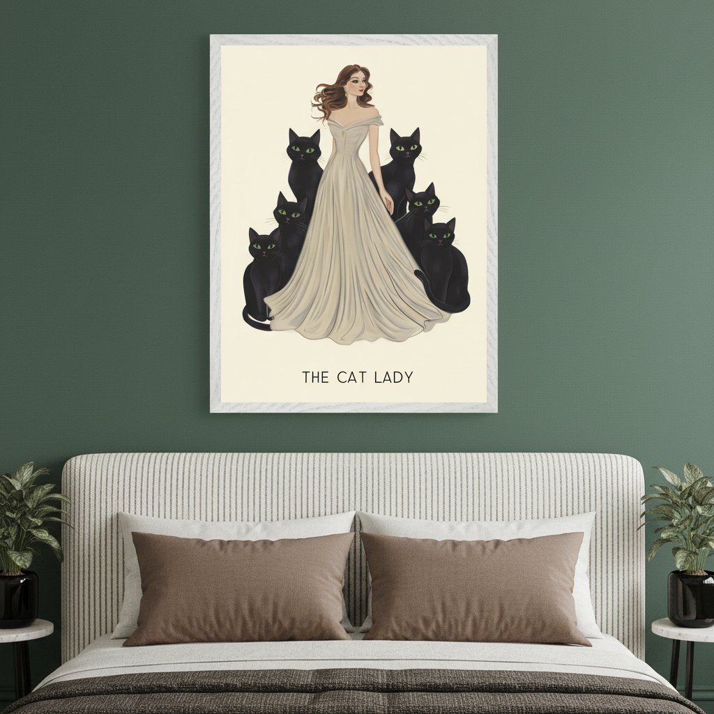 Modern bedroom with a bed featuring a striped headboard. A large framed illustration hangs centered above the bed, depicting a woman in an off-white dress surrounded by six black cats. Text below reads 'THE CAT LADY'.