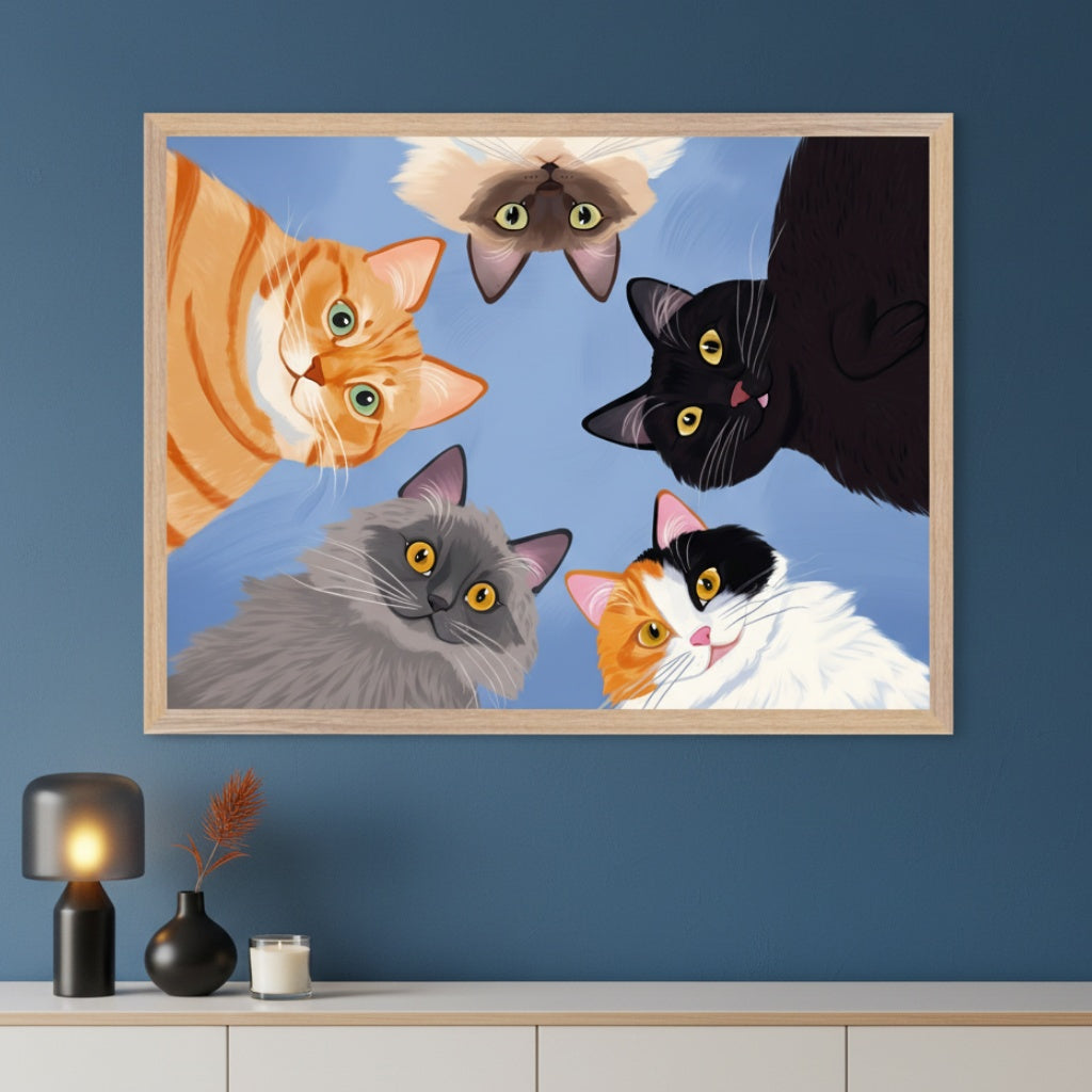 Modern room with a dark blue wall and white console table. A large framed illustration of five cartoon cats looking down hangs centered above the console.