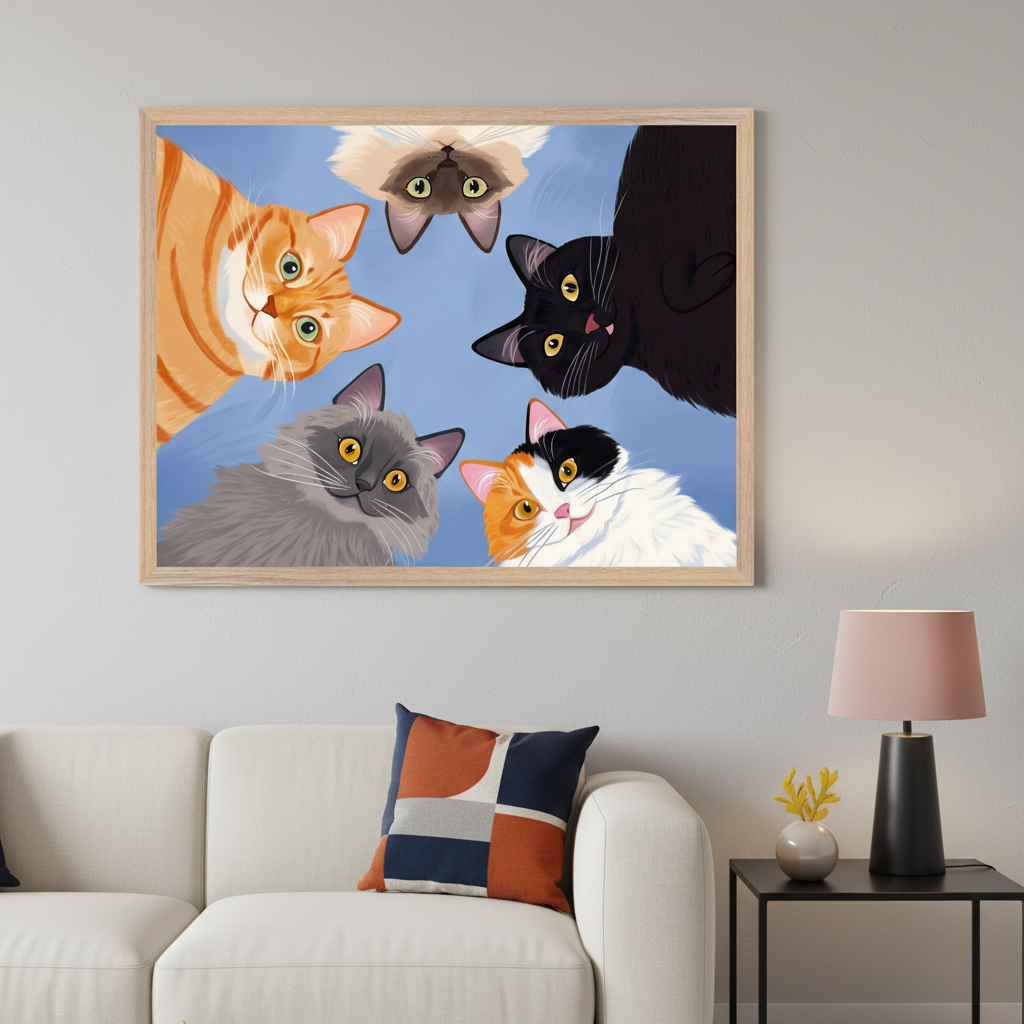 Modern living room with a white sofa. A framed illustration of five cartoon cats looking down, one upside down, on a blue background hangs above the sofa. A side table with a pink lamp is to the right.