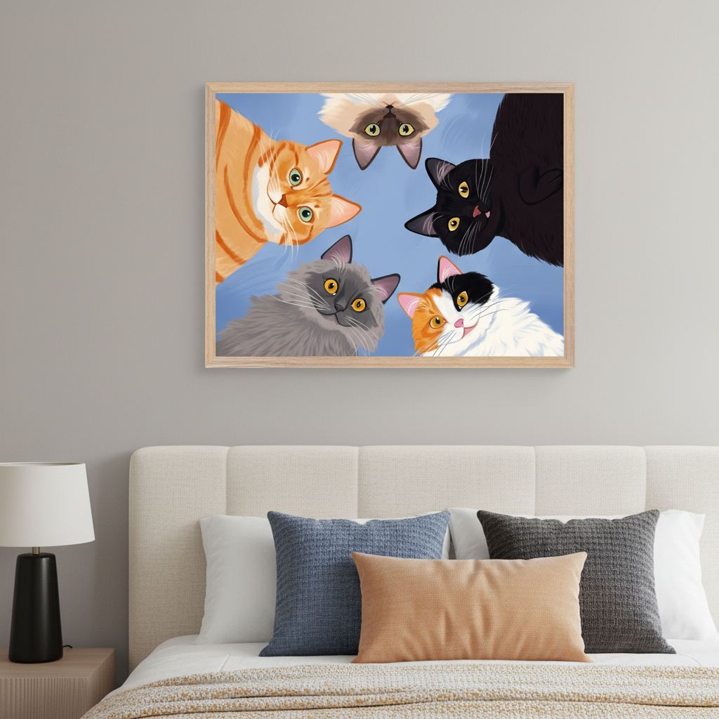 Modern bedroom with a bed, beige tufted headboard, and multiple pillows. A nightstand with a black lamp is on the left. Centered above the bed hangs a framed illustration of six cartoon cats looking down on a blue background.