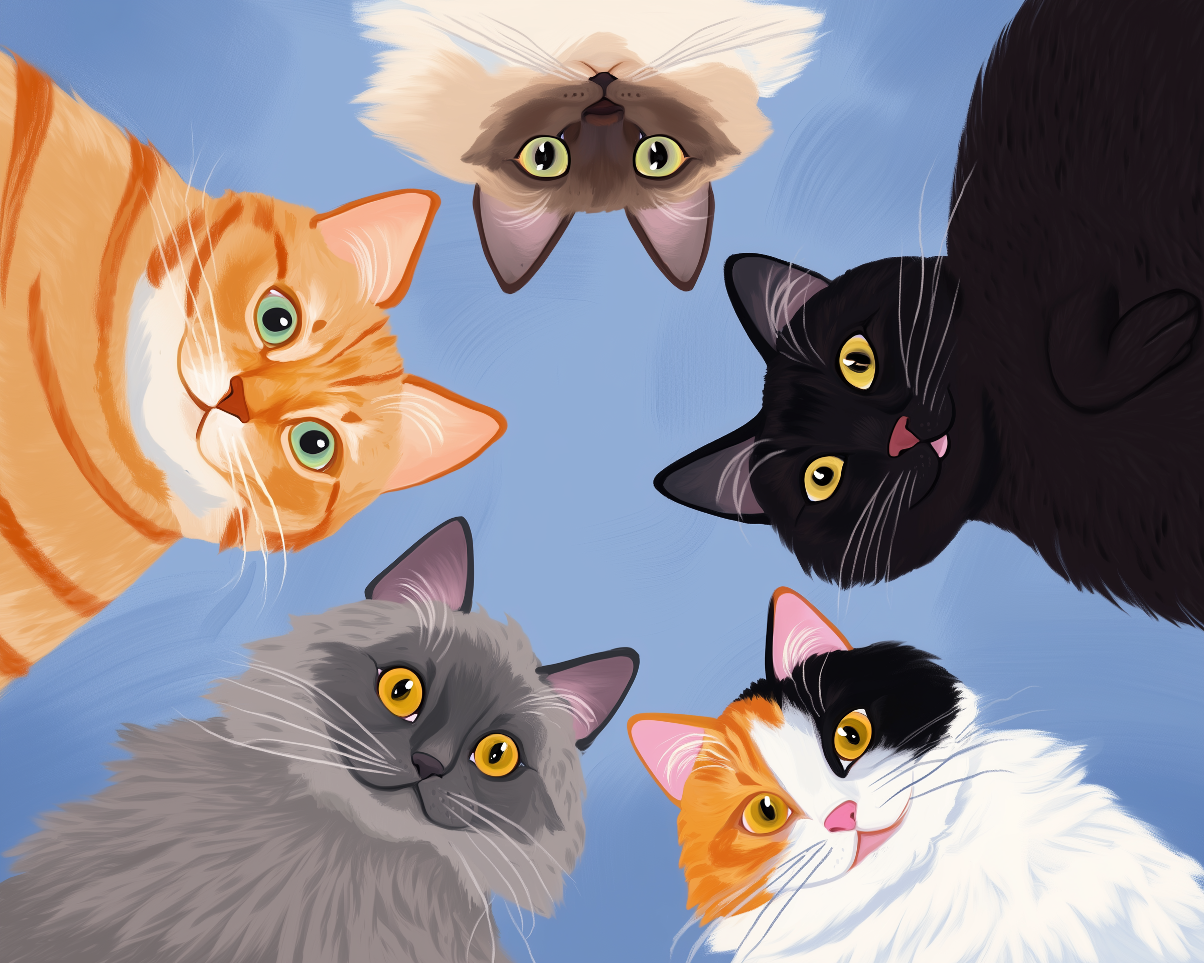 Cartoon-style illustration of five cats black, orange tabby, calico, gray, and Siamese gazing down in a playful circle against a blue background.