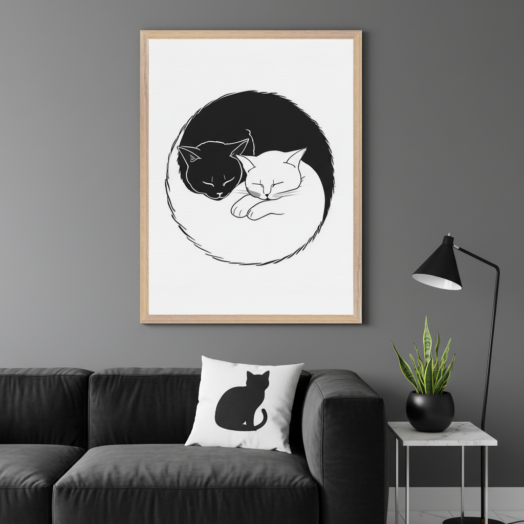 Modern living room with a dark grey sofa and a white marble side table. A large light-wood framed graphic print of two sleeping cats forming a black and white yin-yang symbol hangs above the sofa. A black cat pillow is on the sofa.
