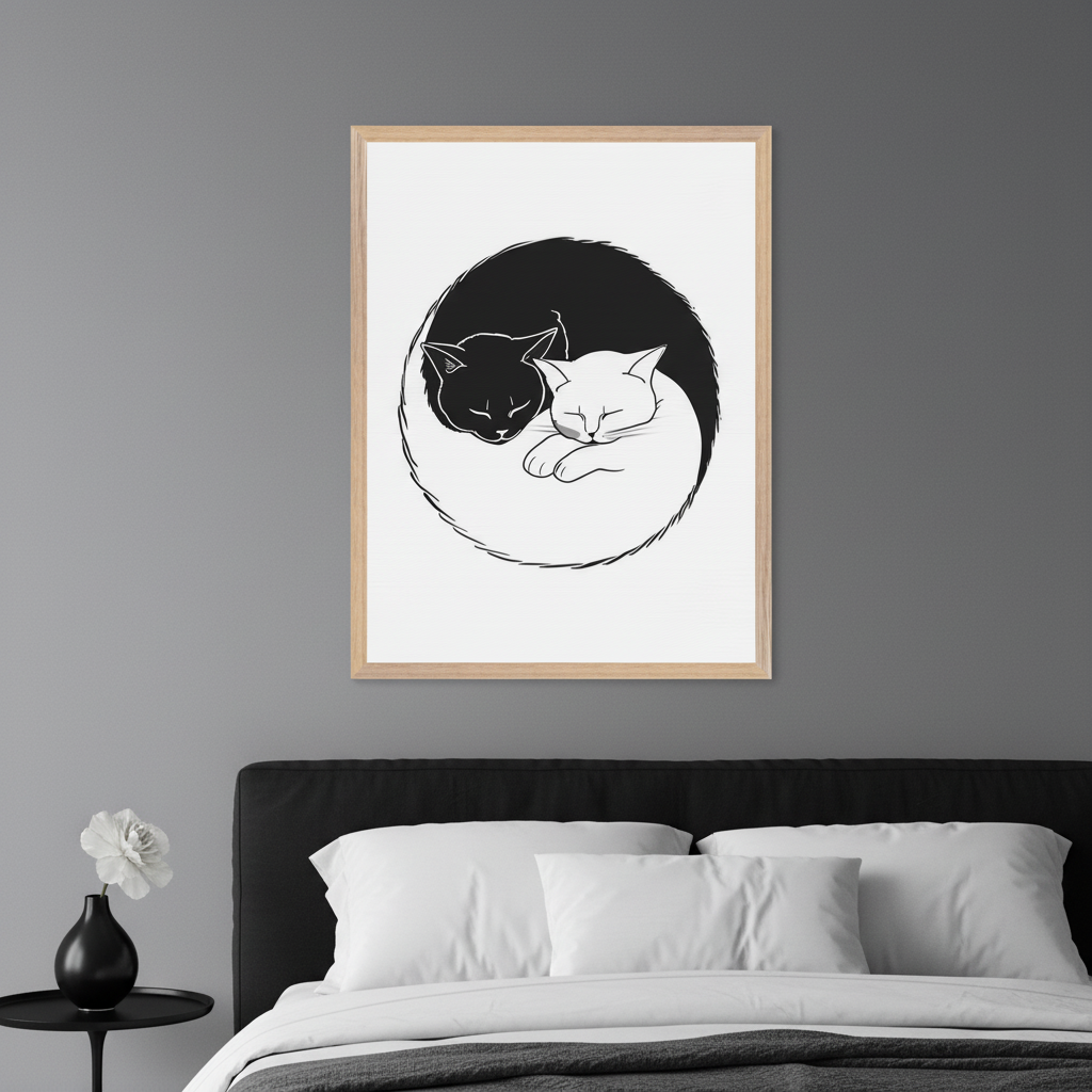 Modern bedroom with a black bed and nightstand. A light wood-framed print hangs on the gray wall above the bed, depicting two sleeping cats, one black and one white, forming a yin-yang symbol.