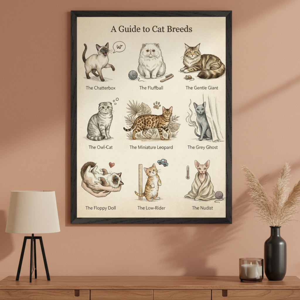 Modern room with a wooden cabinet. A black framed poster, "A Guide to Cat Breeds", featuring 9 unique illustrated cats with humorous names, hangs centered above the cabinet. A lamp and vase with pampas grass sit on the cabinet.