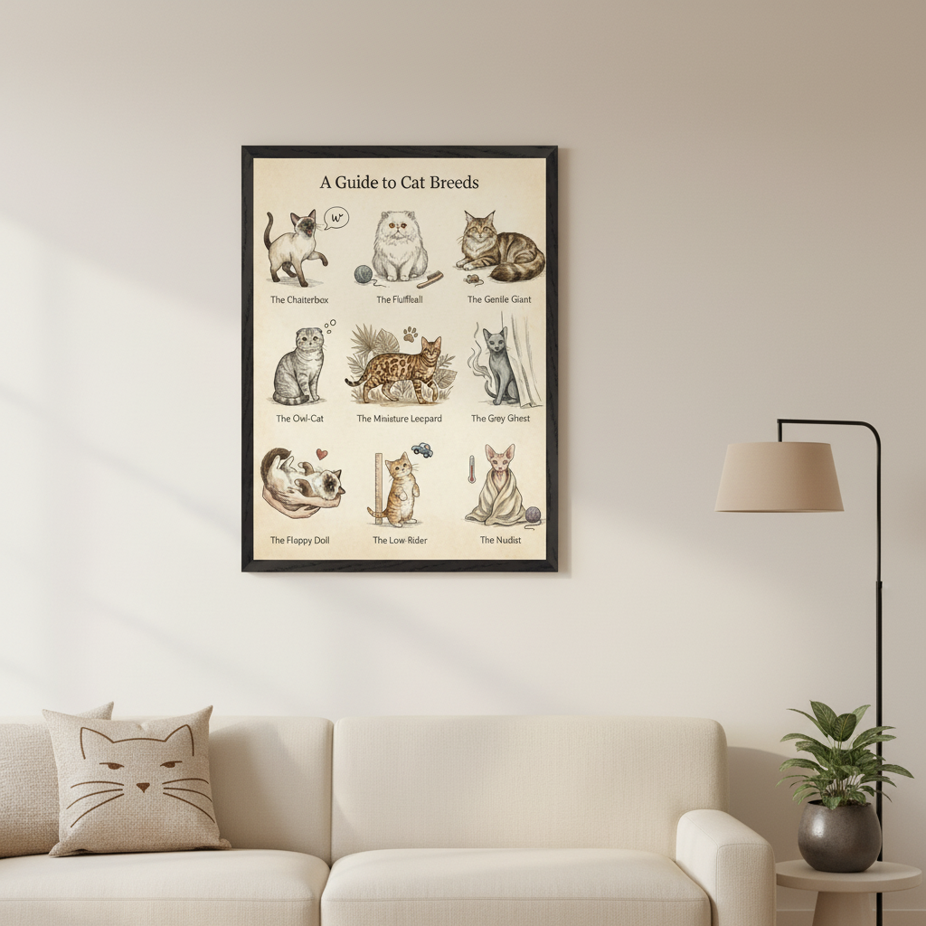 Modern living room with a light beige sofa and a cat-face pillow. A black-framed poster, "A Guide to Cat Breeds" with 9 cartoon cat illustrations, hangs centered above the sofa.