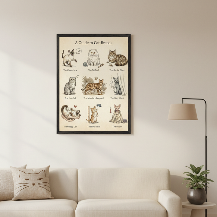 Modern living room with a light beige sofa and a cat-face pillow. A black-framed poster, "A Guide to Cat Breeds" with 9 cartoon cat illustrations, hangs centered above the sofa.