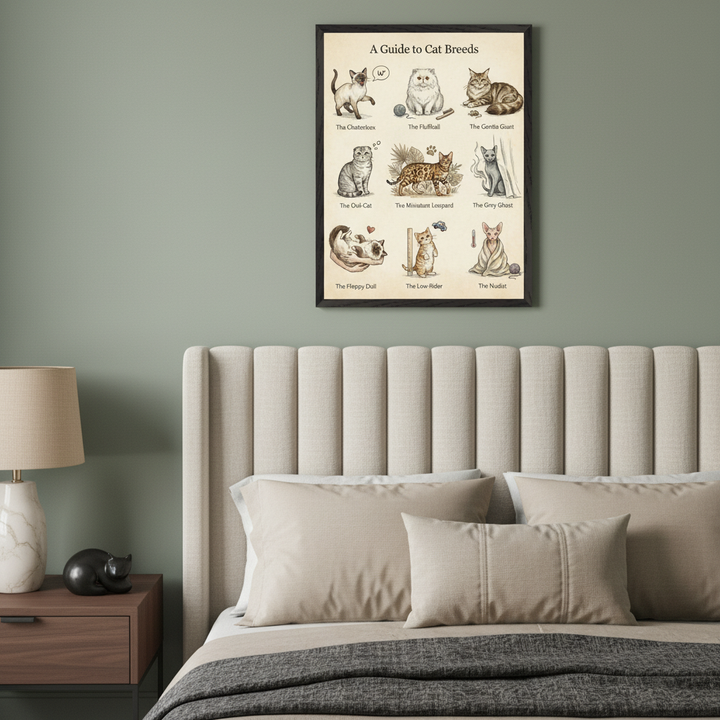 Modern bedroom with a beige upholstered bed and wooden nightstand. A black-framed print, "A Guide to Cat Breeds," featuring 9 illustrated cat types, hangs centered above the bed's headboard.