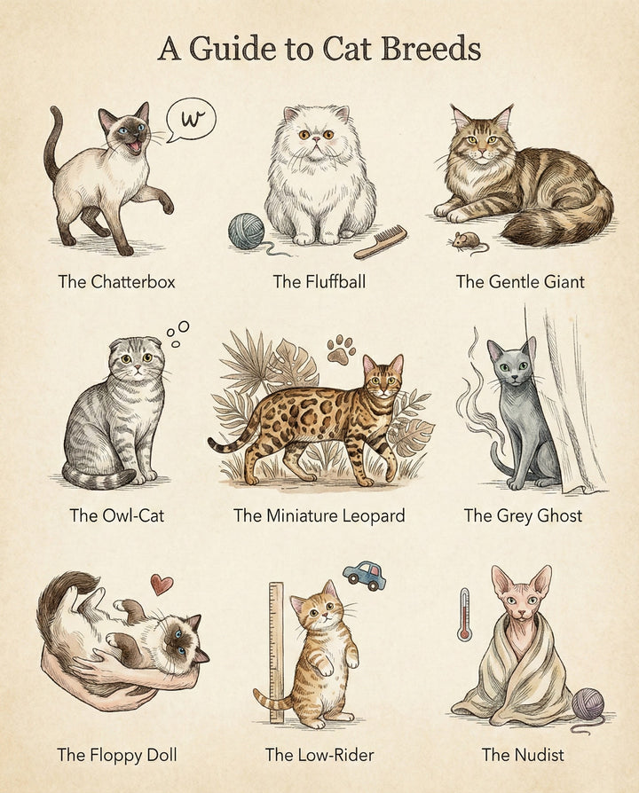 An adorable and humorous guide to various cat breeds, each drawn in a playful and detailed style, from the chatty Chatterbox to the fluffy Fluffball and beyond, capturing the unique personalities of each