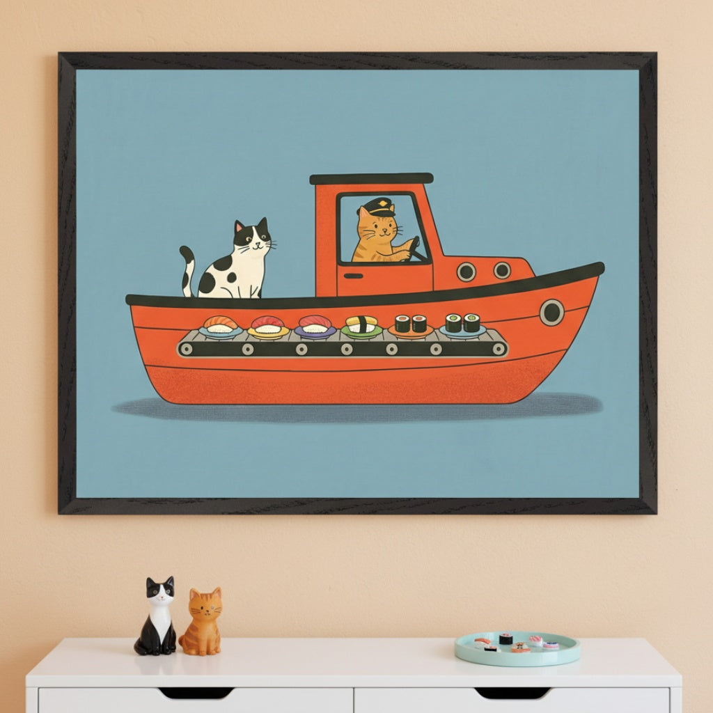 Modern room with a light blue wall. A large framed cartoon-style print of an orange boat with a sushi conveyor belt and two cats hangs above a white dresser. A small cat figurine, a vase with red berries, and a wooden clock are on the dresser.