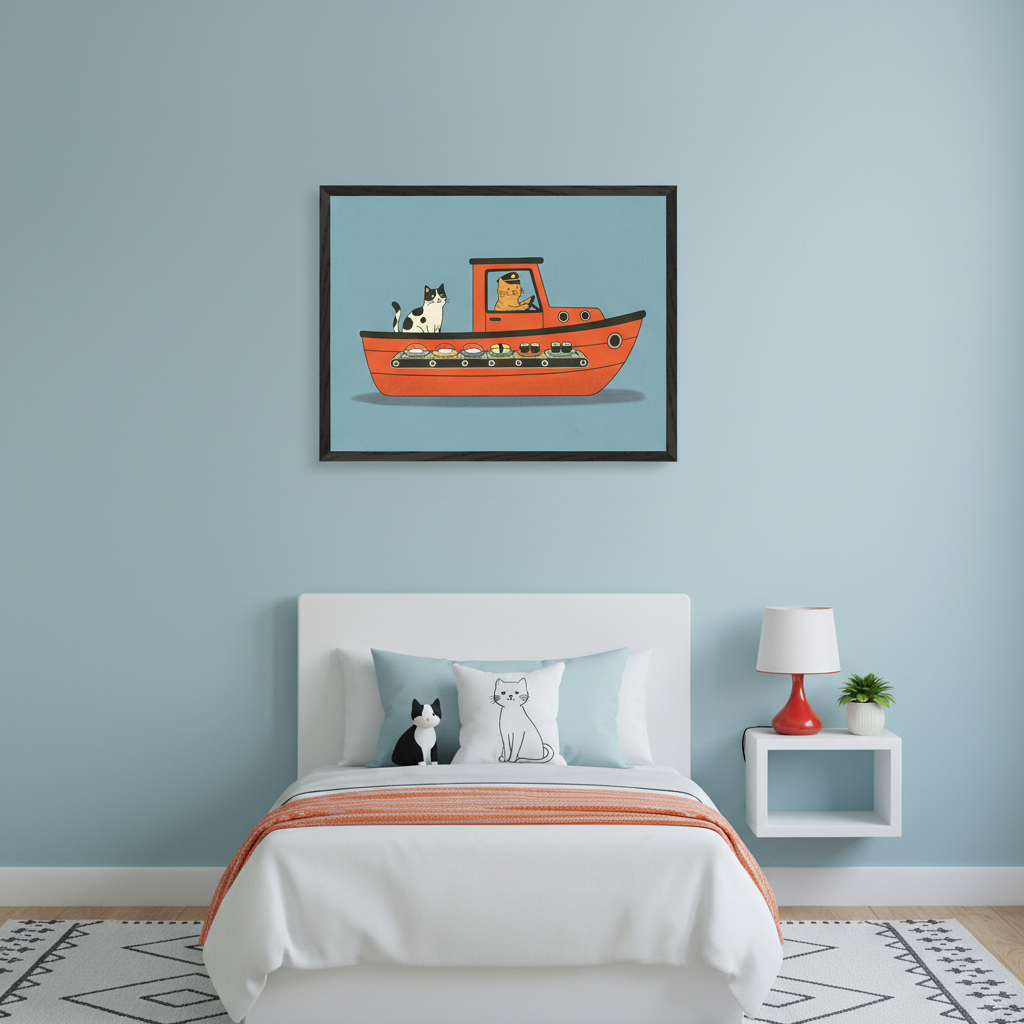 Modern bedroom with a white bed and headboard. A framed cartoon illustration of cats on an orange sushi boat is centered above the bed. A white floating nightstand with a red lamp and a small plant is to the right.