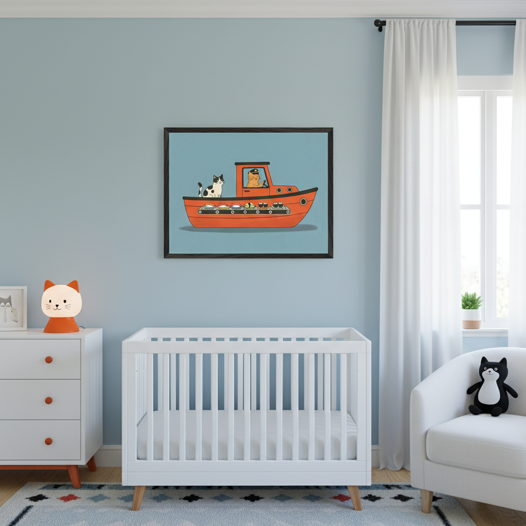 Modern nursery with a light blue wall. A white crib is next to a white dresser with orange knobs. Centered above the crib, a framed print shows a cartoon orange boat with a cat driving and another cat on the deck, carrying sushi on a conveyor belt. A white armchair is to the right.