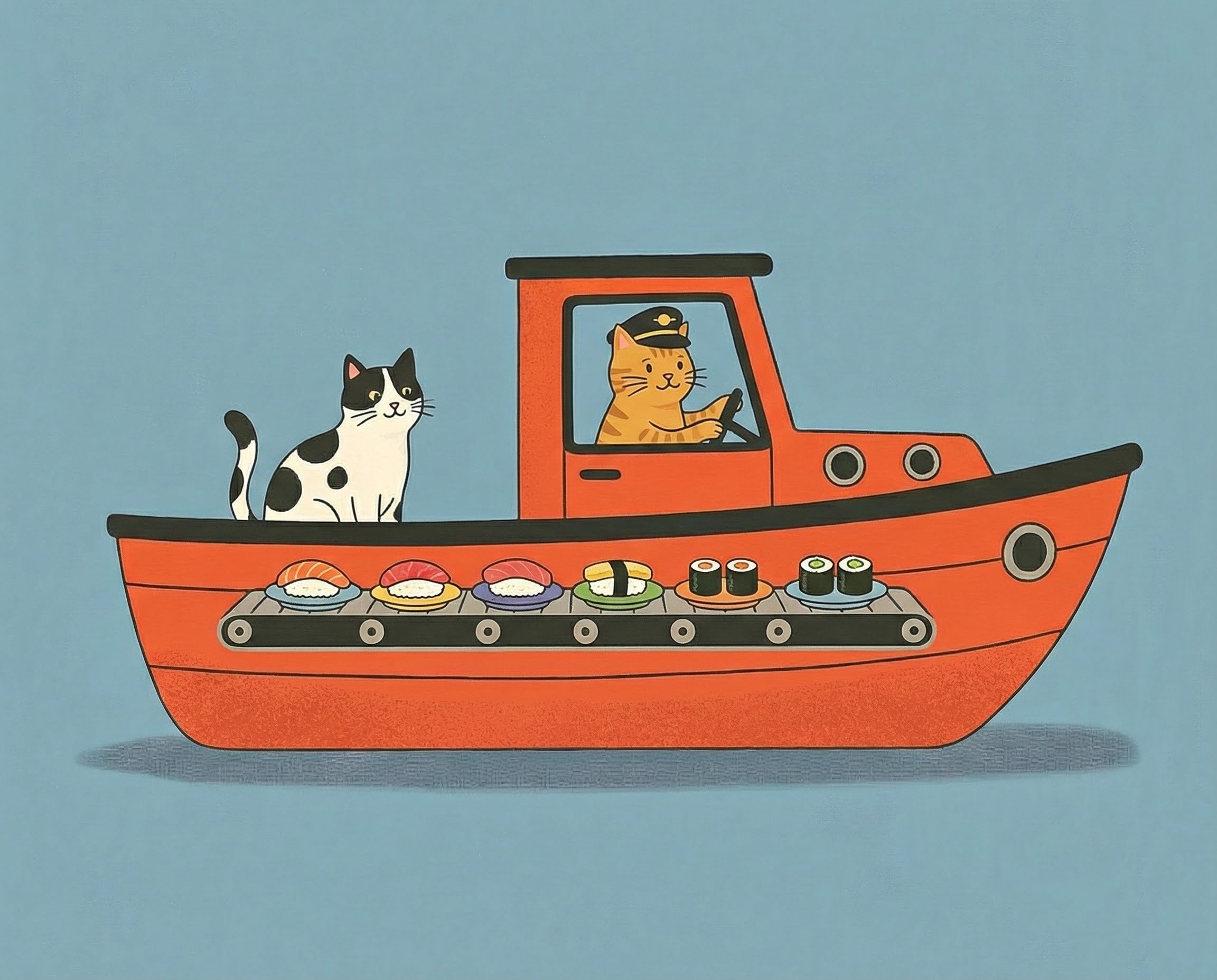 A striped orange cat dressed as a captain steers a sushi boat alongside a black and white cat, with a conveyor belt of colorful sushi rolls on board, delivering a quirky and food-filled adventure that’s ideal for both children and grown-ups.
