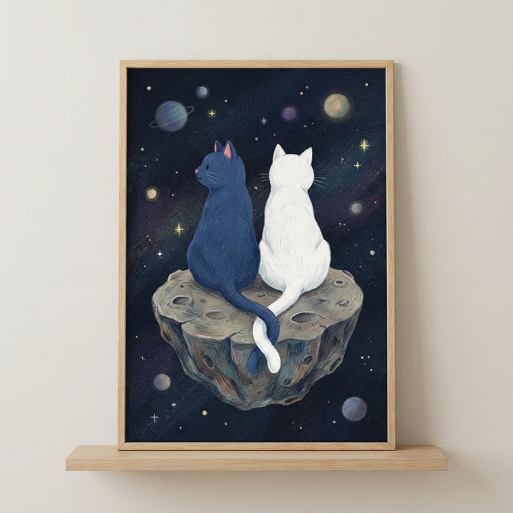 A vertical framed illustration of two cats, one dark blue and one white, sitting side-by-side on a small, cratered asteroid in outer space. The cats are viewed from behind, their long tails gently crossed. The dark cosmic background is dotted with stars and colorful, distant planets. The artwork is set in a light wood frame, resting on a wooden shelf against a neutral-toned wall.