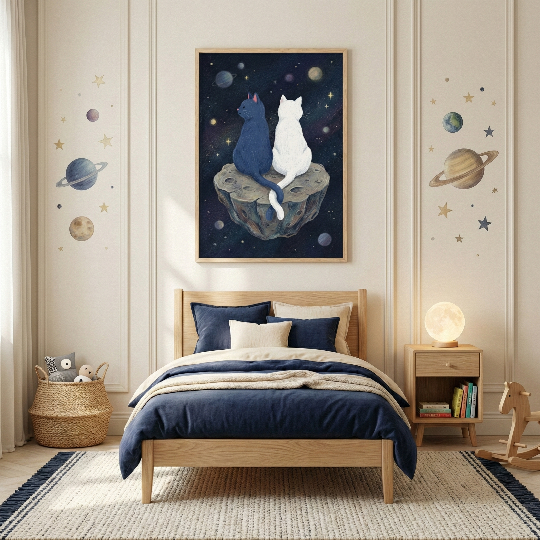 A cozy, space-themed bedroom features a light wood bed frame dressed in dark blue and cream-colored bedding. Above the bed, a large framed illustration depicts a dark blue cat and a white cat sitting side-by-side on a cratered asteroid, looking out at a starry, deep-blue cosmos. The off-white wall on either side of the frame is decorated with decals of planets and stars in a muted color palette. 