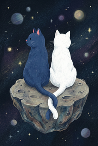 Back view illustration of a blue cat and a white cat sitting side by side on a rocky floating island. They look out at a star filled galaxy with distant planets glowing in the dark sky.

