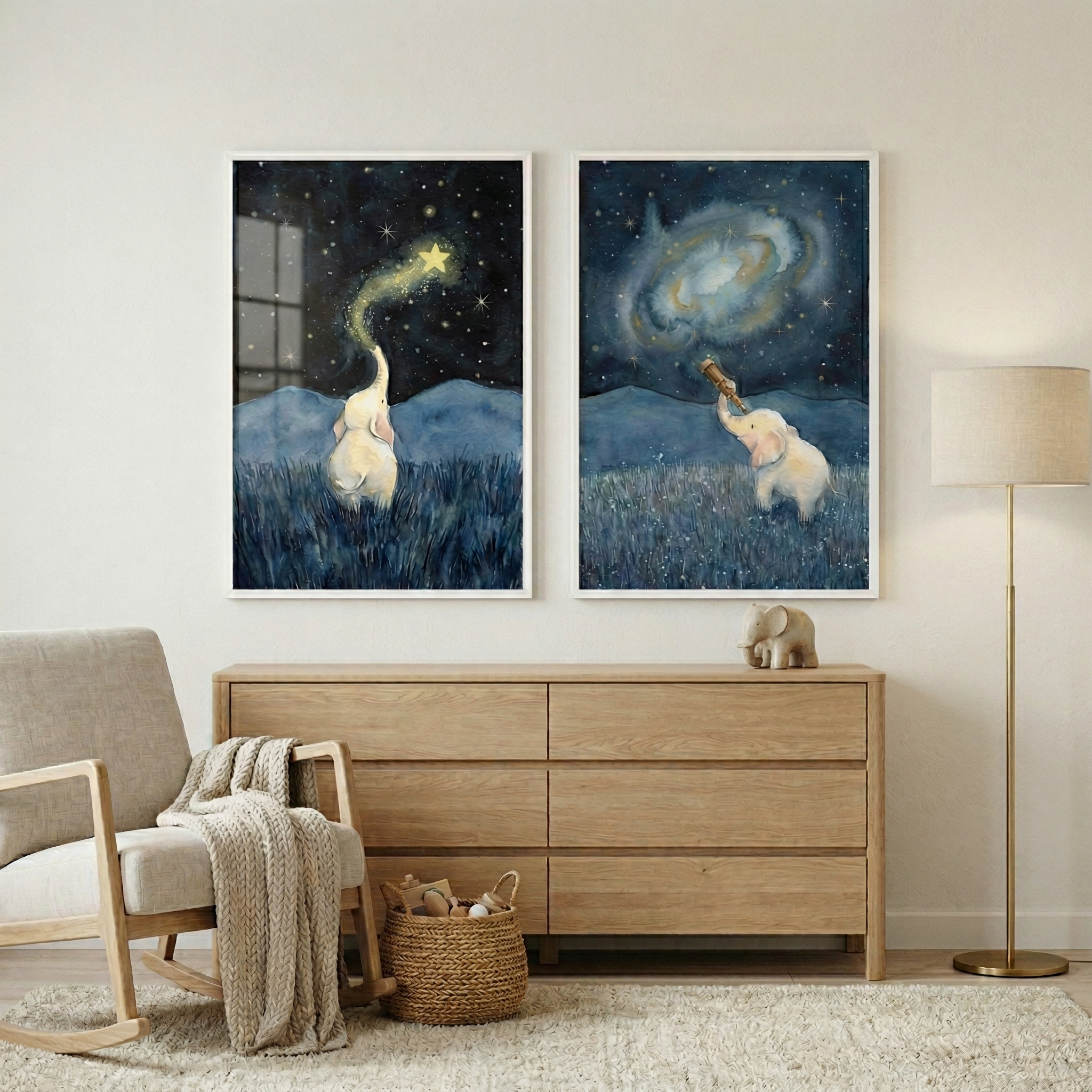 Celestial Baby Elephant Wall Art Set of 2 - Cosmic Elephant Dreams