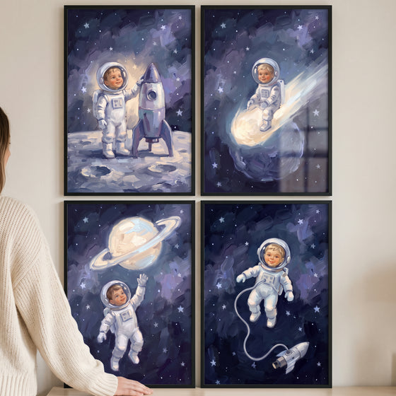Celestial blue child astronaut wall art set of 4 featuring a boy in a space suit on the moon and near planets.