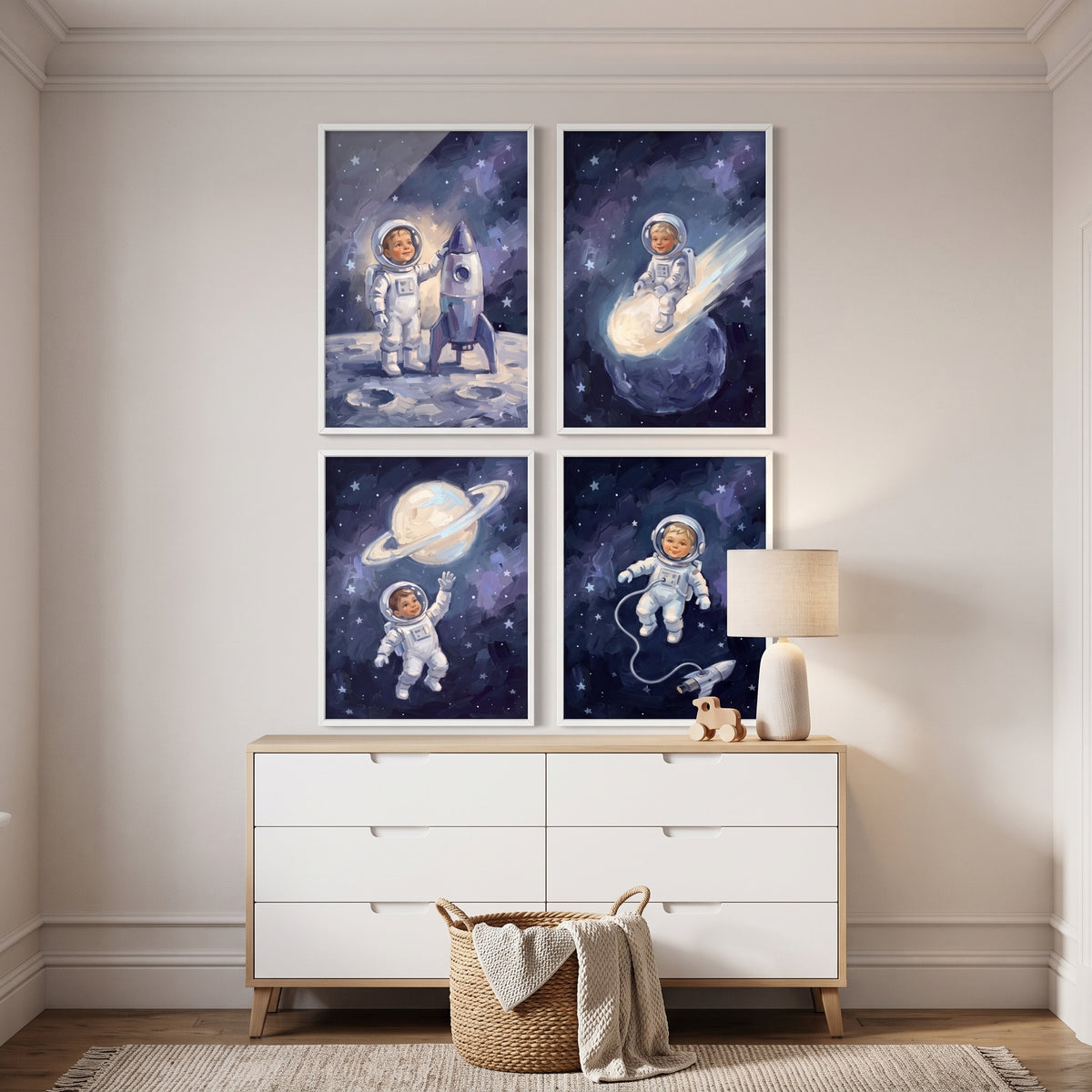 Celestial Blue Child Astronaut Wall Art Set of 4 - Young Cosmic Voyager