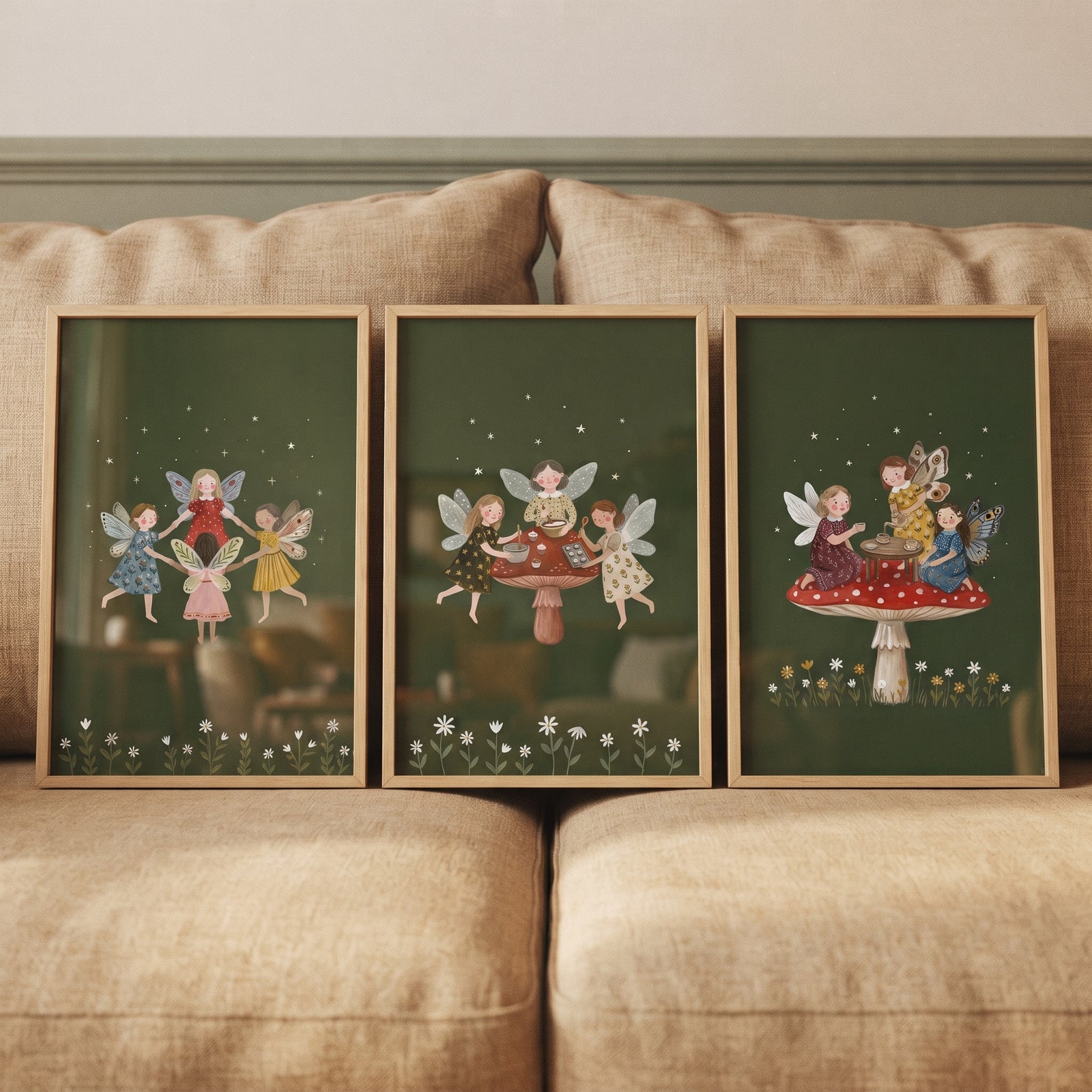 Celestial botanical forest fairies wall art set of 3 rests on a tan couch, depicting whimsical winged figures and mushrooms.