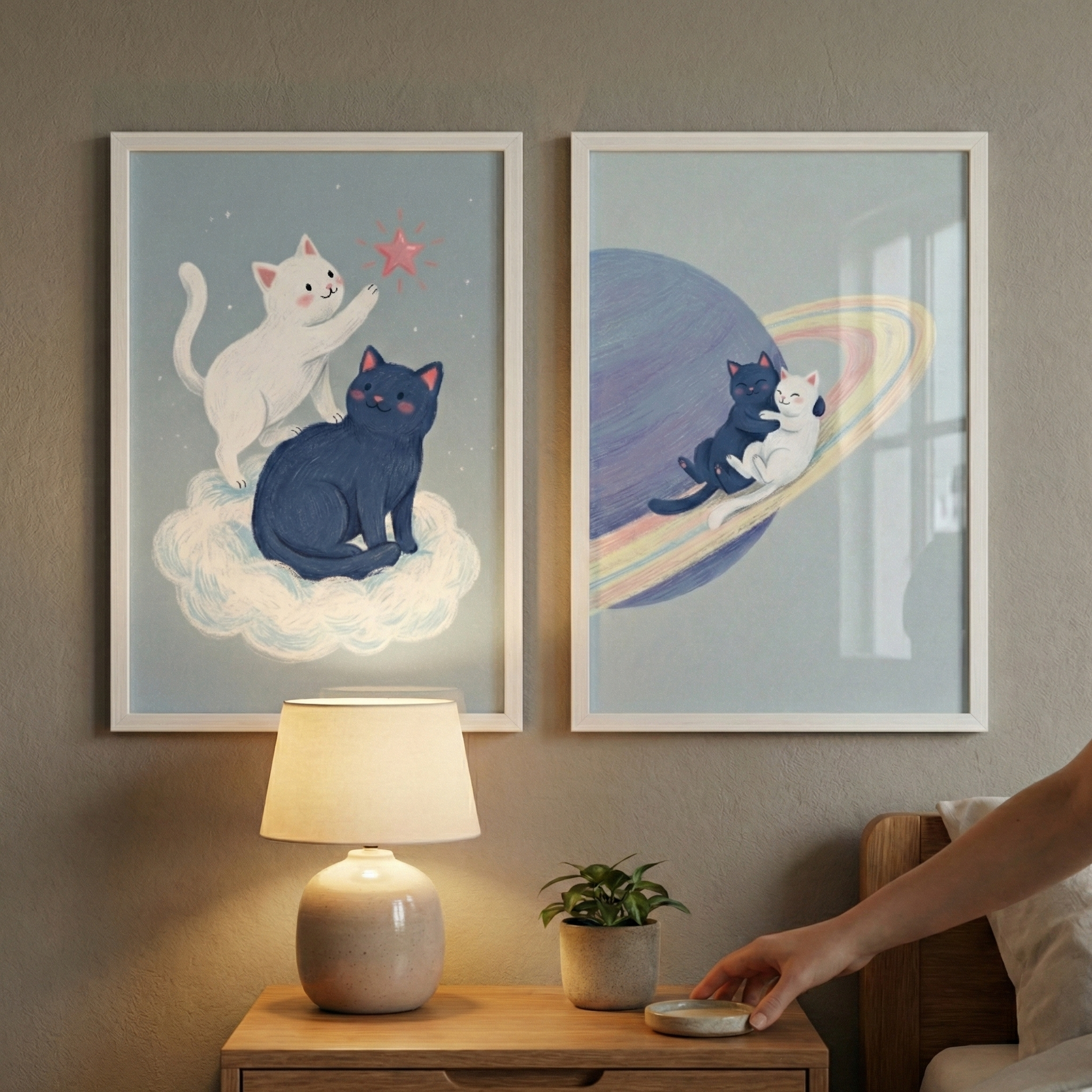 Celestial Cat Wall Art Set of 2 - Cosmic Feline Friends