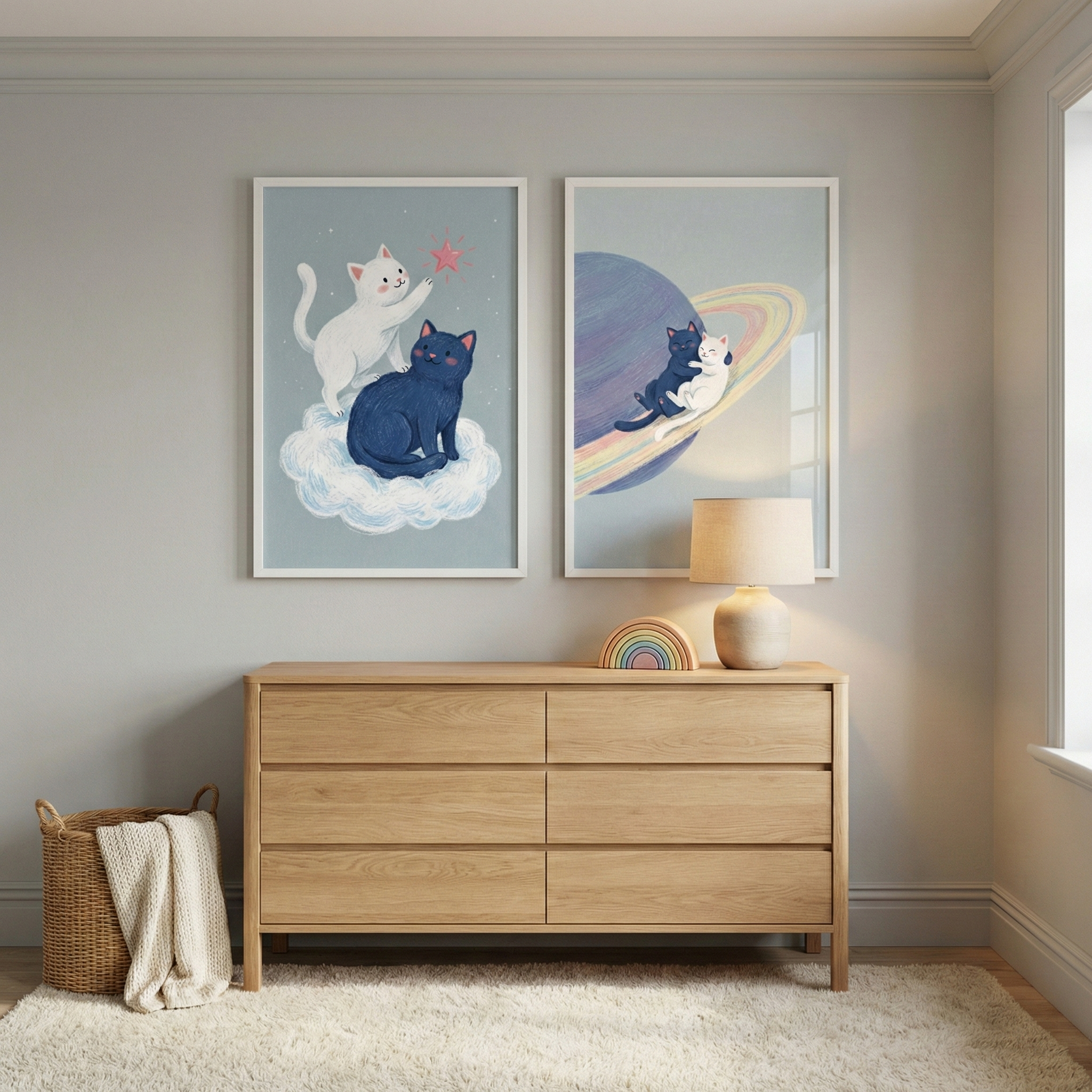 Celestial Cat Wall Art Set of 2 - Cosmic Feline Friends