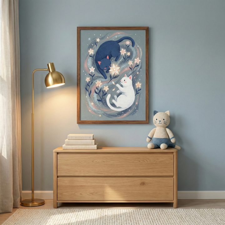 A vertical wooden frame hangs on a light blue wall, showcasing an illustration of two stylized cats in a celestial setting. One cat is deep blue and the other is white, both floating amidst soft swirling clouds, small white stars, and delicate pink flowers. Below the artwork sits a light wood dresser with two wide drawers. A stack of three white books rests on one side of the dresser's top, and a plush, knitted cat-like toy sits on the other.