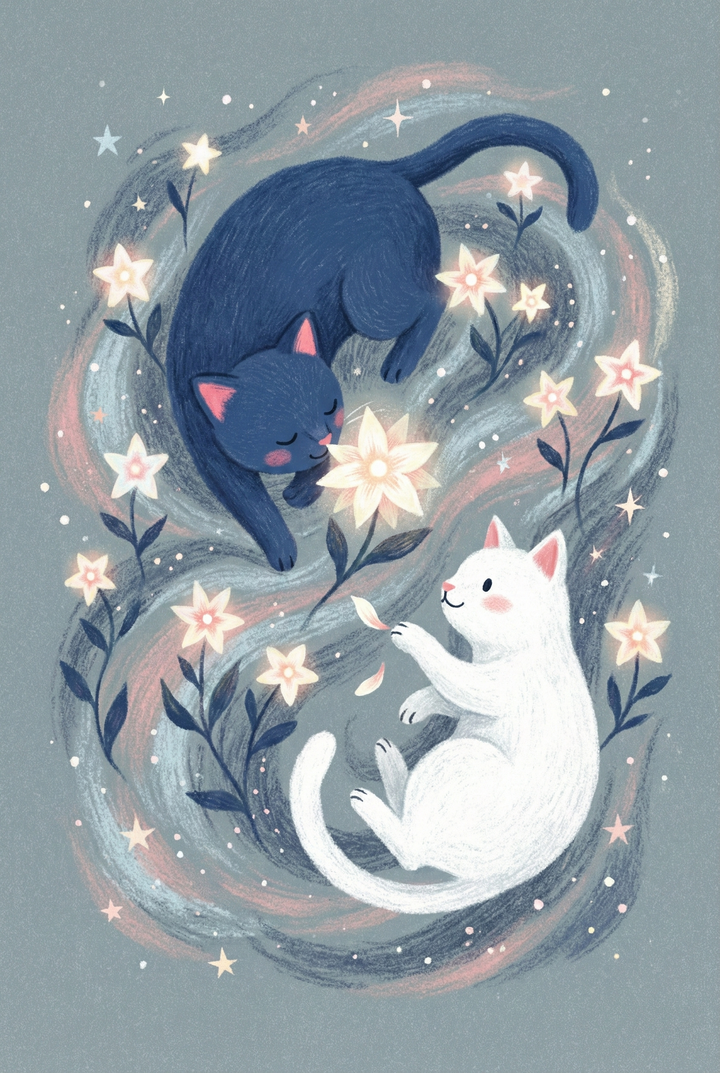 Whimsical scene of a dark blue cat and a white cat floating among glowing flowers and swirling pastel light. The cats curl toward each other as stars sparkle around the dreamy cosmic background.
