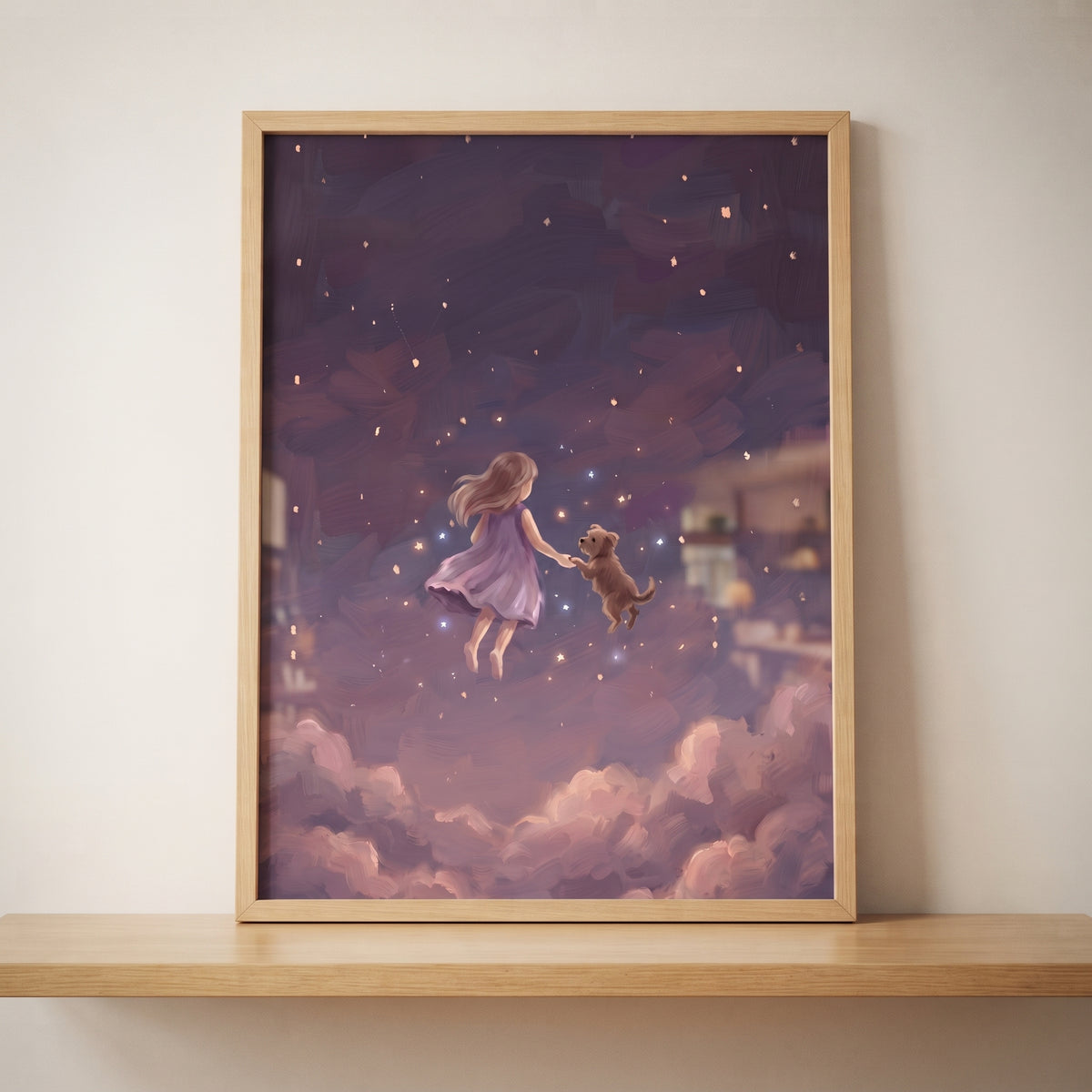 Framed celestial cosmic girl dog wall art depicts a girl and a small dog floating through a purple starry sky with clouds.
