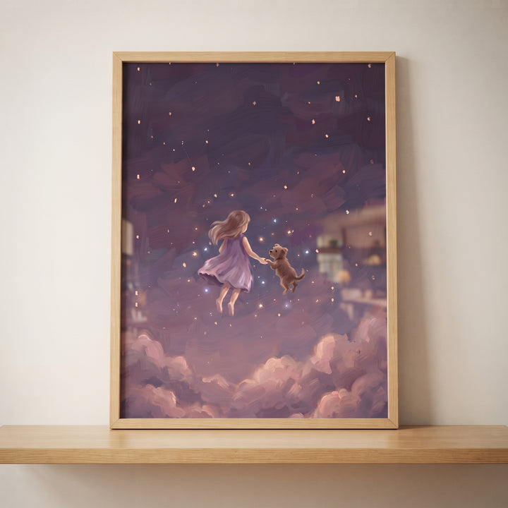 Framed celestial cosmic girl dog wall art depicts a girl and a small dog floating through a purple starry sky with clouds.