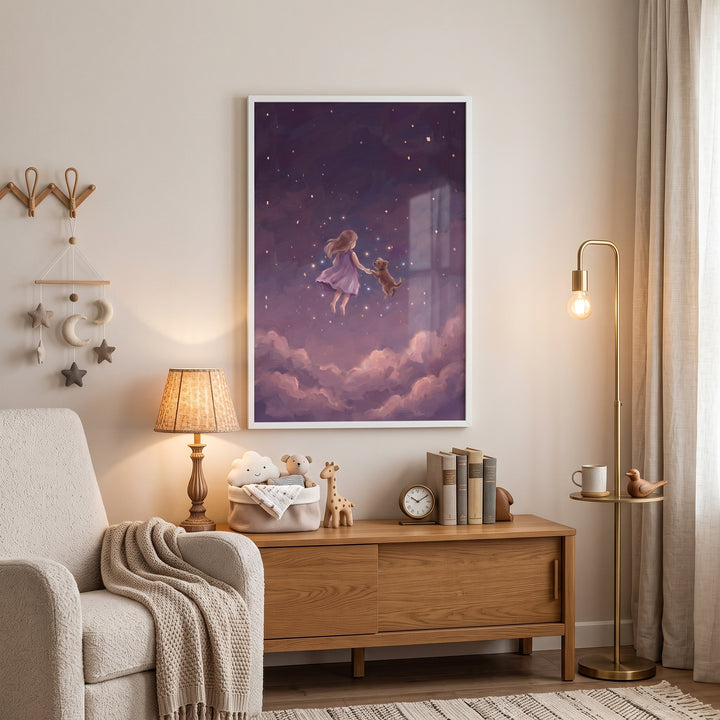 Celestial cosmic girl dog wall art hangs above a wooden cabinet in a cozy room with soft lighting and an armchair.