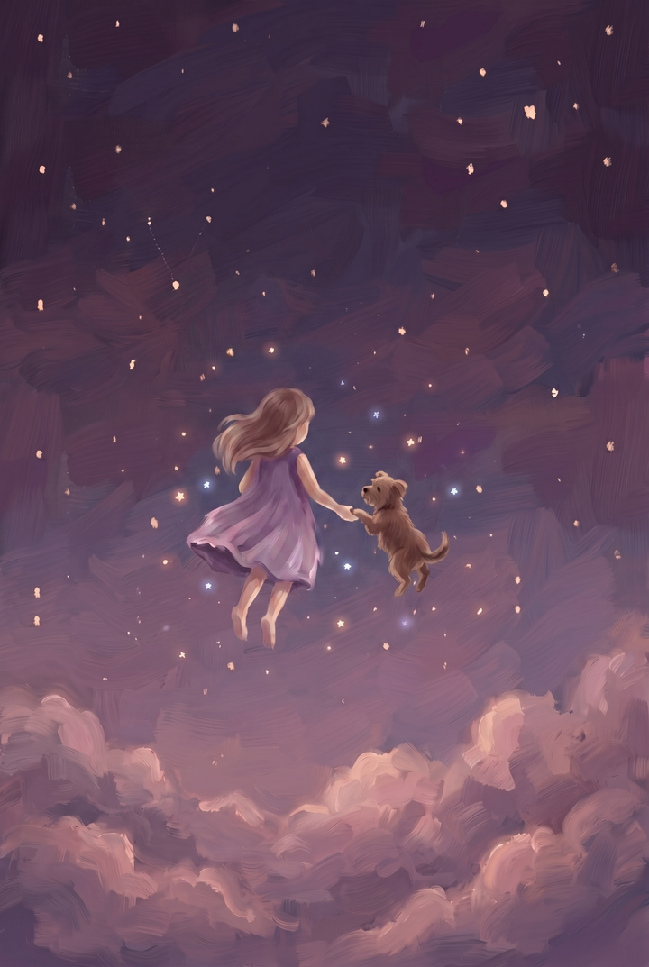 Celestial cosmic girl dog wall art of a girl and her dog floating together in a starry purple sky above soft clouds.