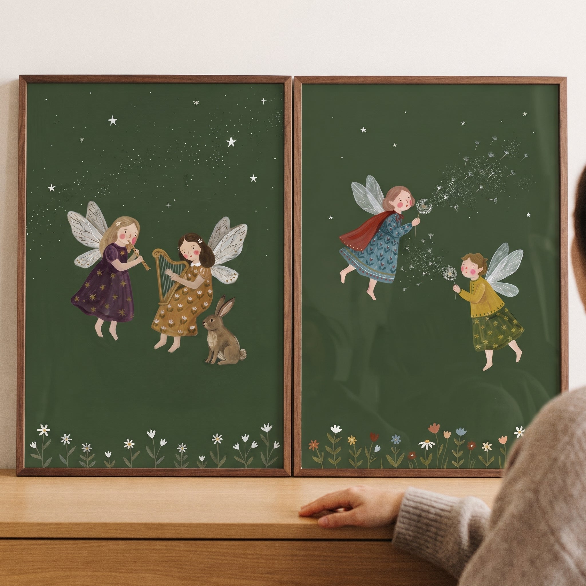 Celestial Dark Green Fairies Wall Art Set of 2 - Magical Garden Sprites