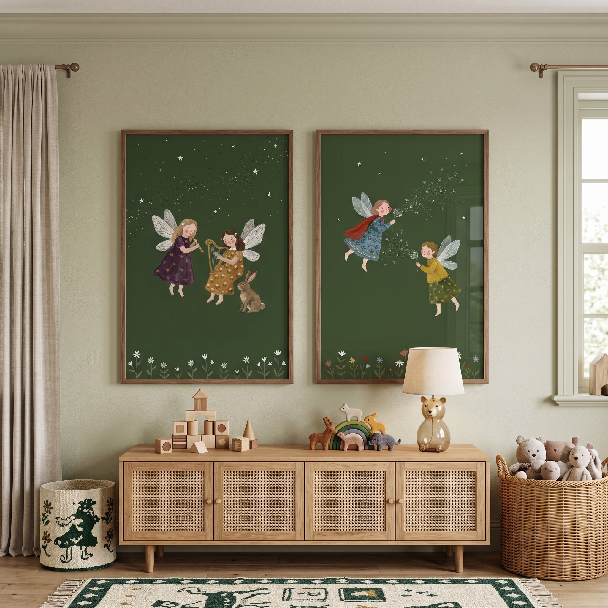 Celestial Dark Green Fairies Wall Art Set of 2 - Magical Garden Sprites