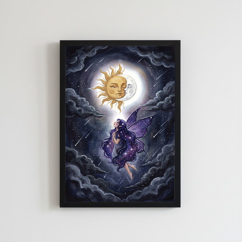 A framed fantasy illustration showing a winged fairy floating among dark, swirling clouds beneath a glowing celestial sun and moon with human faces, set against a star-filled night sky, creating a dreamy, mystical atmosphere.