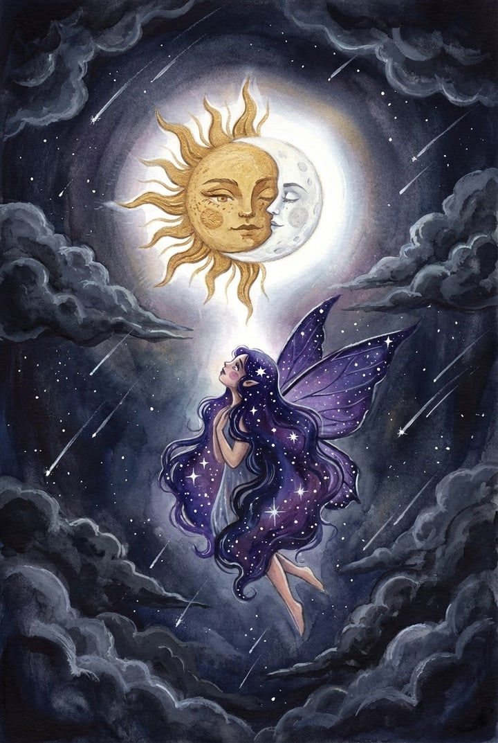 A detailed fantasy illustration of a glowing sun and moon sharing a single face above a winged fairy drifting upward through dark, swirling clouds, with shooting stars and a star-filled night sky creating a luminous, magical scene.