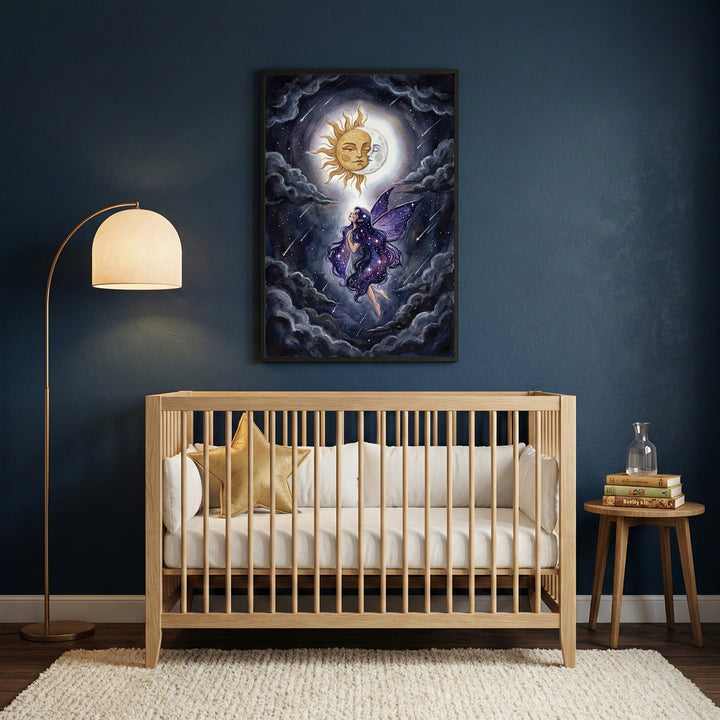 A cozy nursery scene with a wooden crib against a deep blue wall, featuring a framed fantasy artwork above it that shows a fairy flying through clouds beneath a glowing sun and moon, complemented by a floor lamp, a small side table with books, and soft neutral decor.