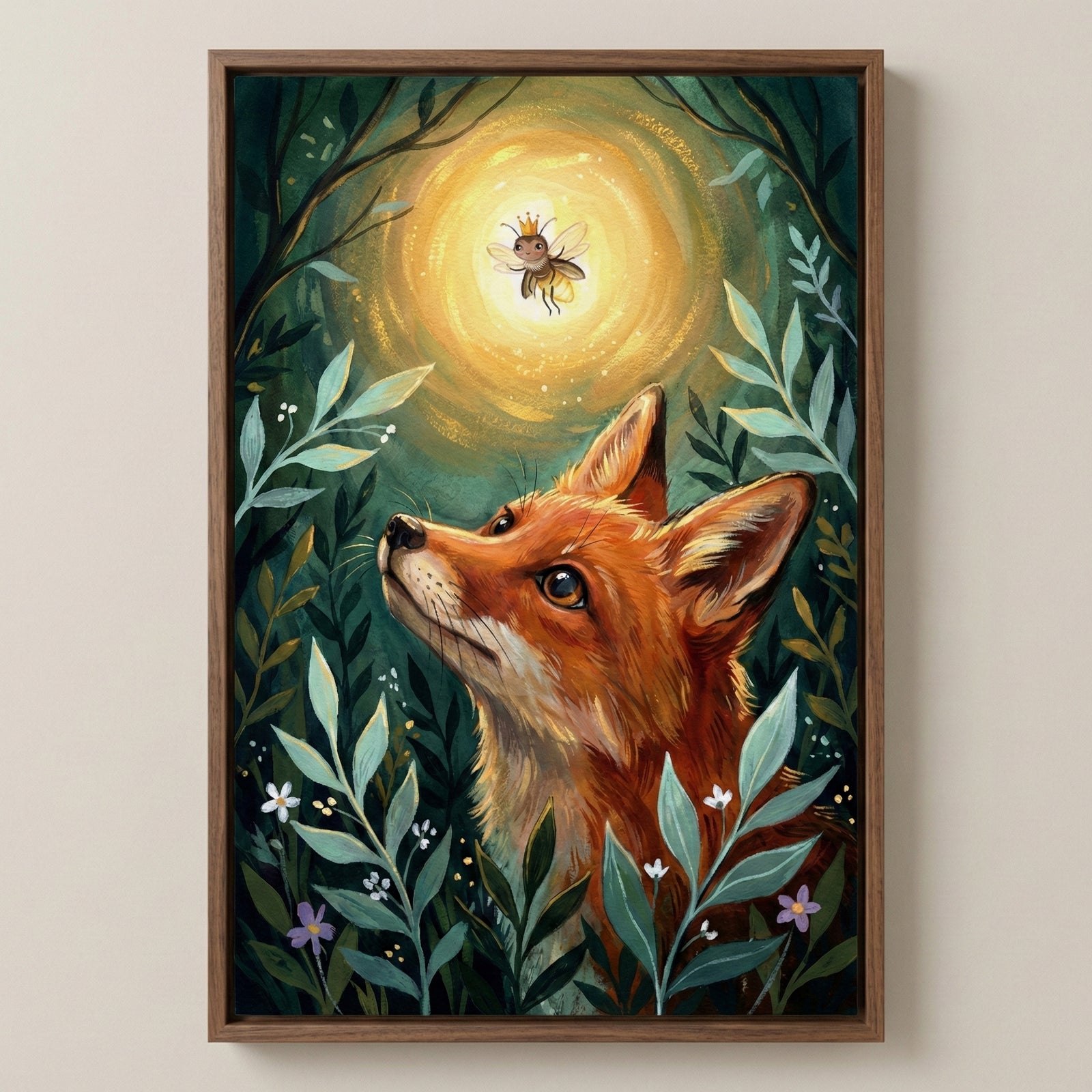 A framed storybook-style illustration of a curious red fox in a lush forest, gazing up at a small glowing bee wearing a tiny crown, surrounded by leafy greenery and soft golden light, creating a whimsical, magical woodland scene.