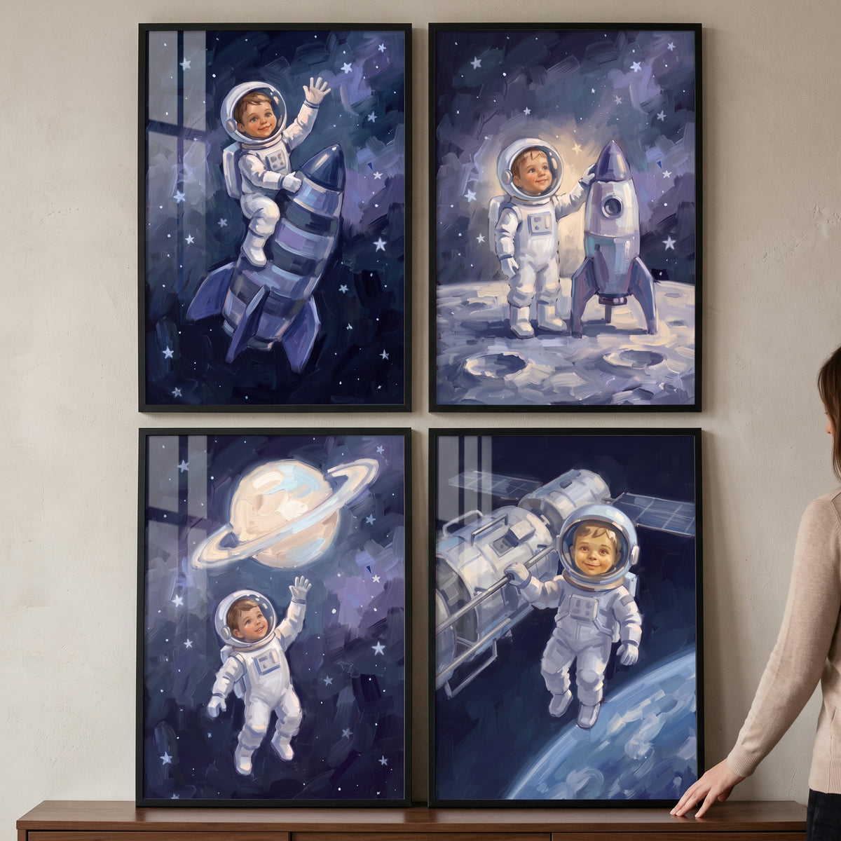 Celestial galaxy toddler astronaut artwork set of 4 shows a young child in a space suit exploring stars and planets.