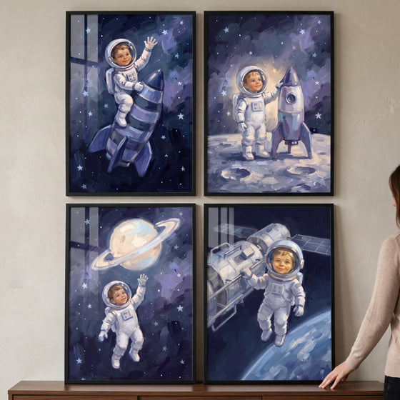 Celestial galaxy toddler astronaut artwork set of 4 shows a young child in a space suit exploring stars and planets.