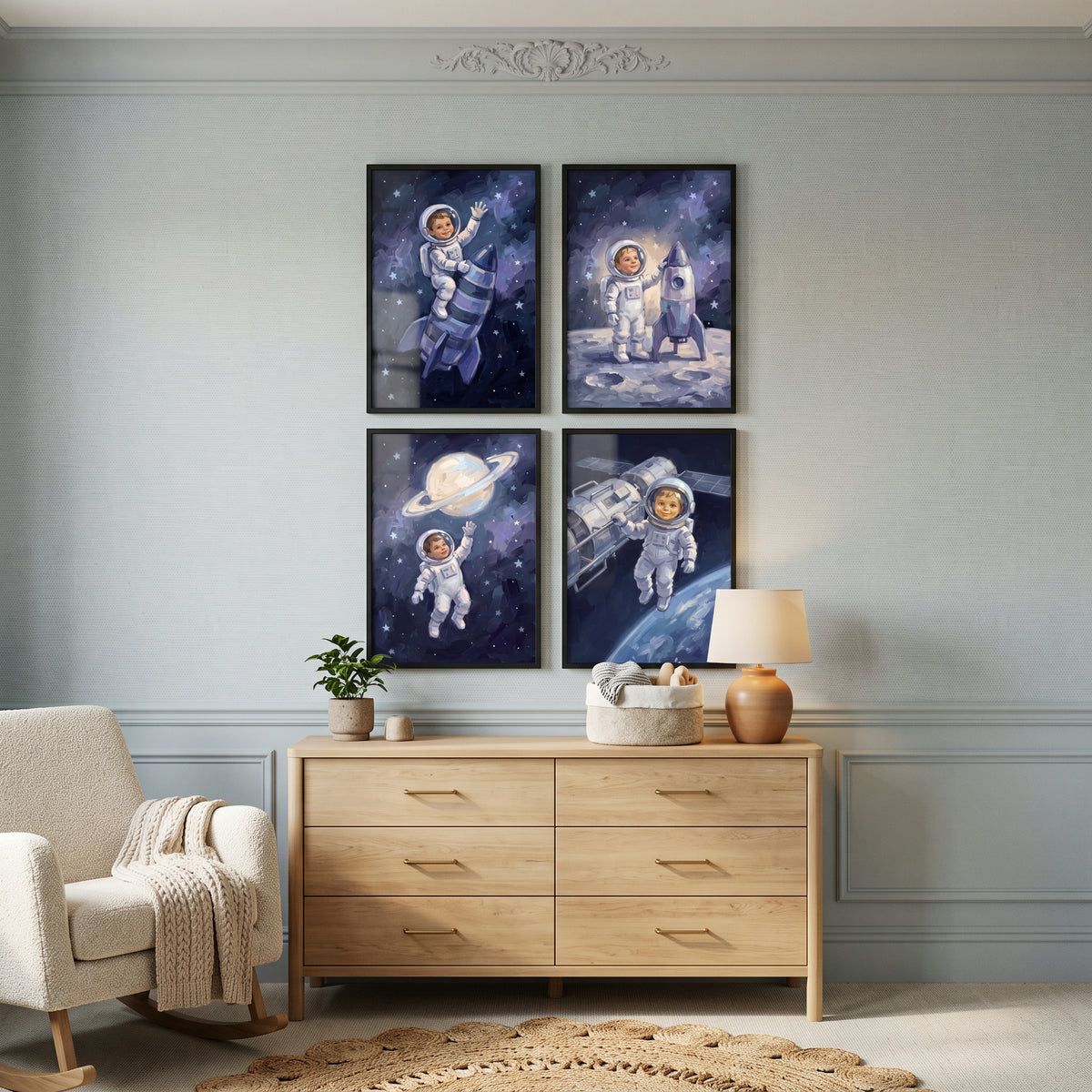 Celestial Galaxy Toddler Astronaut Artwork Set of 4 - Little Space Explorer