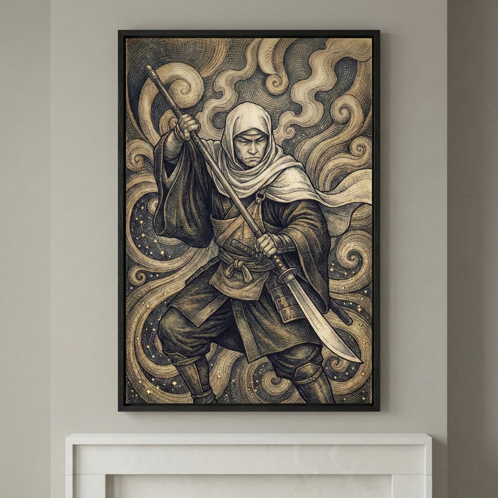 Framed artwork depicting a warrior in flowing robes and a hood, holding a long sword in a dynamic stance. The background features swirling, smoke-like patterns in muted sepia tones, creating a dramatic and mystical atmosphere.