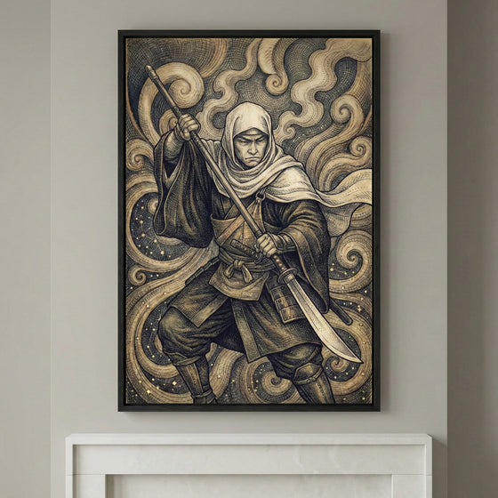Framed artwork depicting a warrior in flowing robes and a hood, holding a long sword in a dynamic stance. The background features swirling, smoke-like patterns in muted sepia tones, creating a dramatic and mystical atmosphere.
